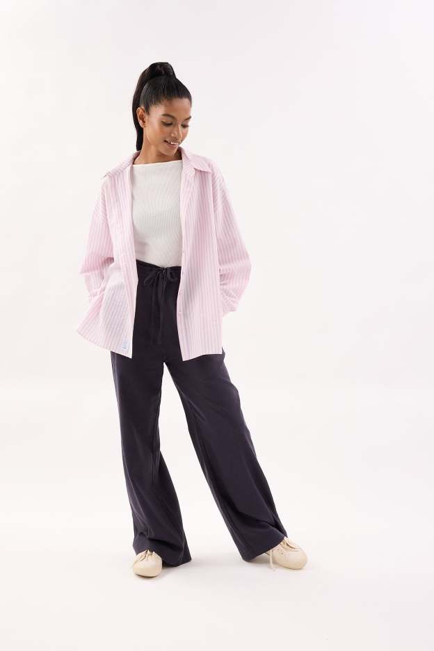 Dark Navy Blue Linen Wide Leg Pants - Women's