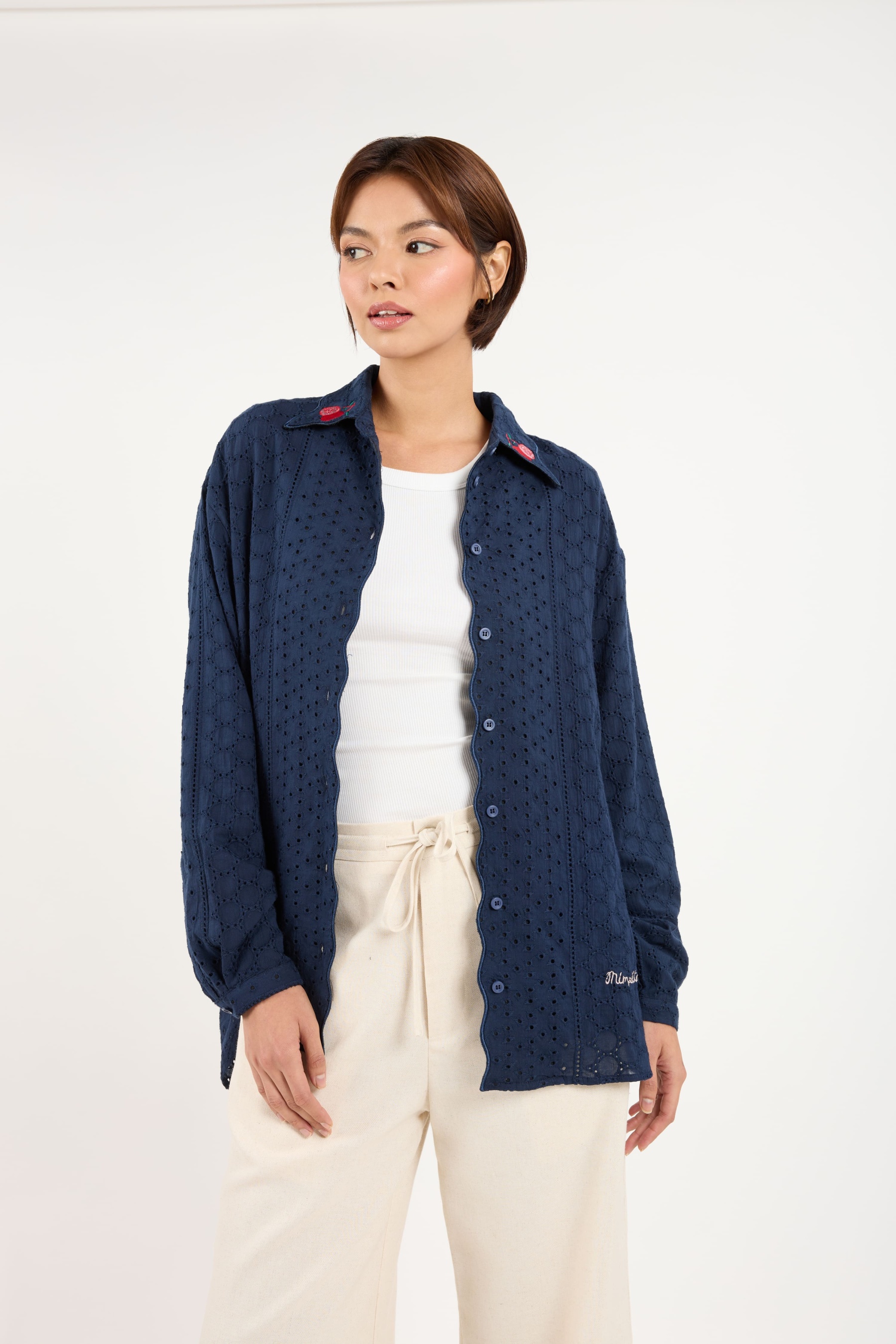 Tropika Navy Blue Textured Embroidered Shirt