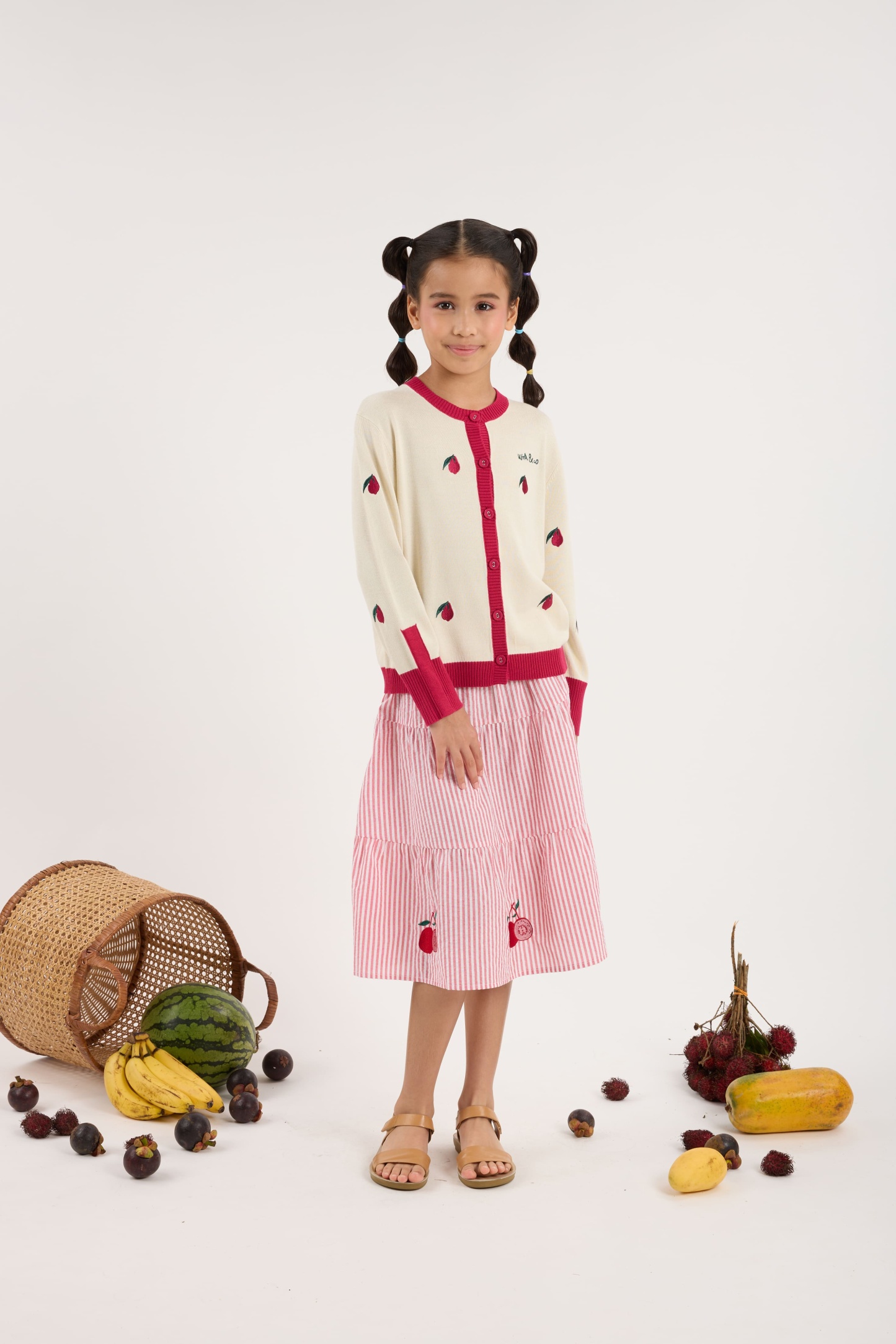 Cream White-Maroon Mini Crew Neck Knitted Cardigan - Girls