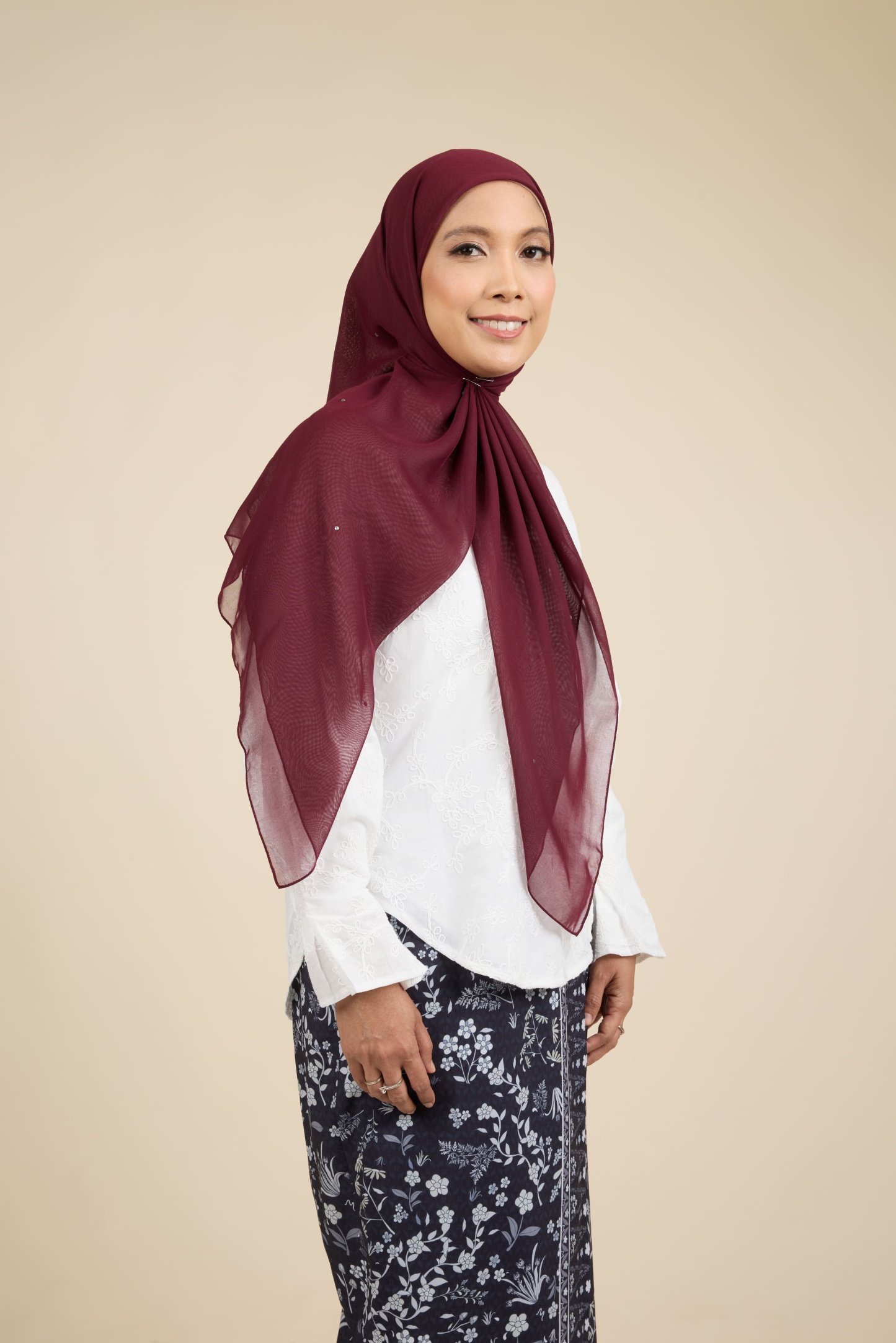 Almas Burgundy Rhinestone Square Voile Scarf