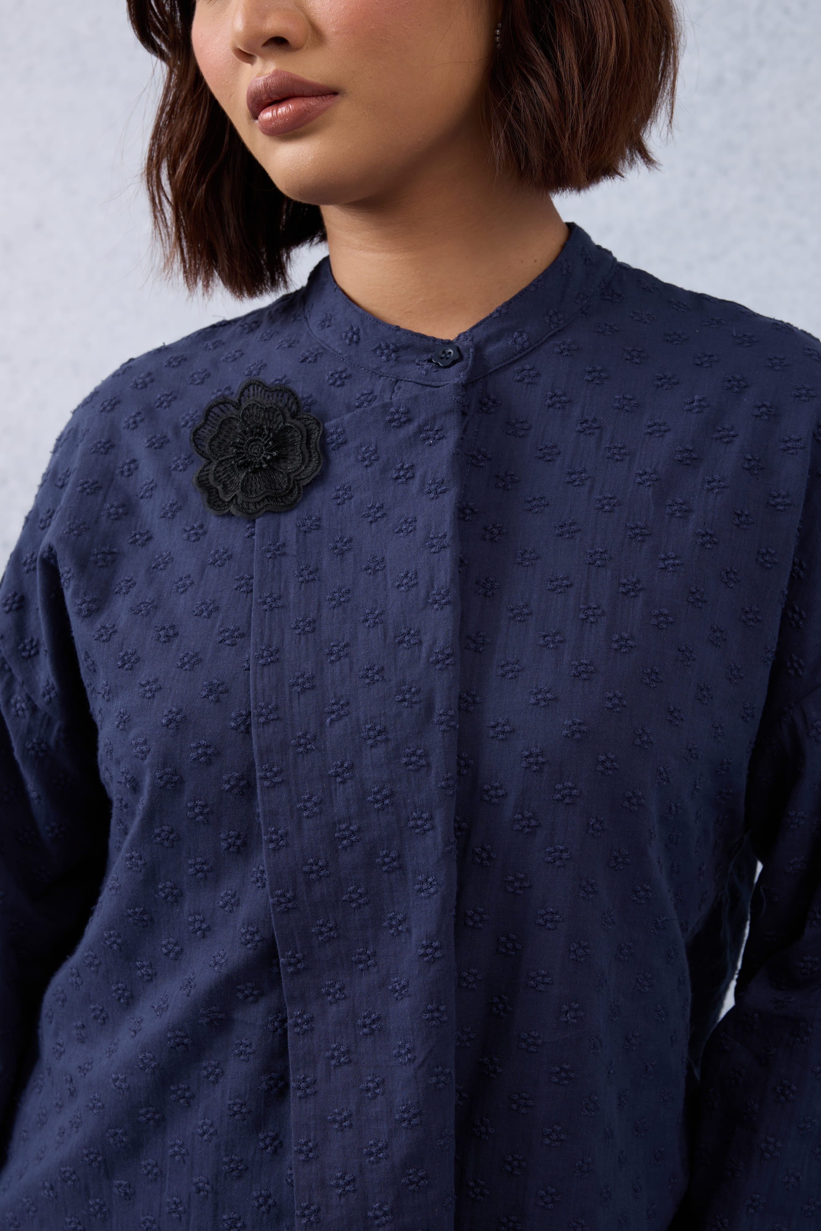 Murni Navy Blue Textured Floral Kurung Set