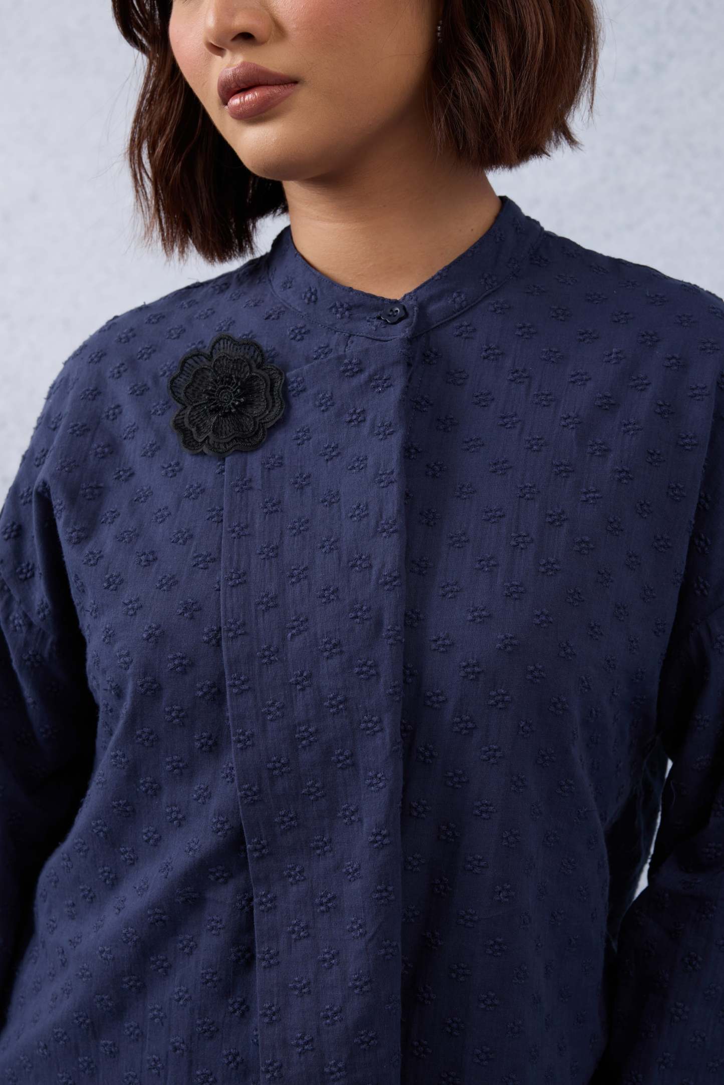 Murni Navy Blue Textured Floral Kurung Set