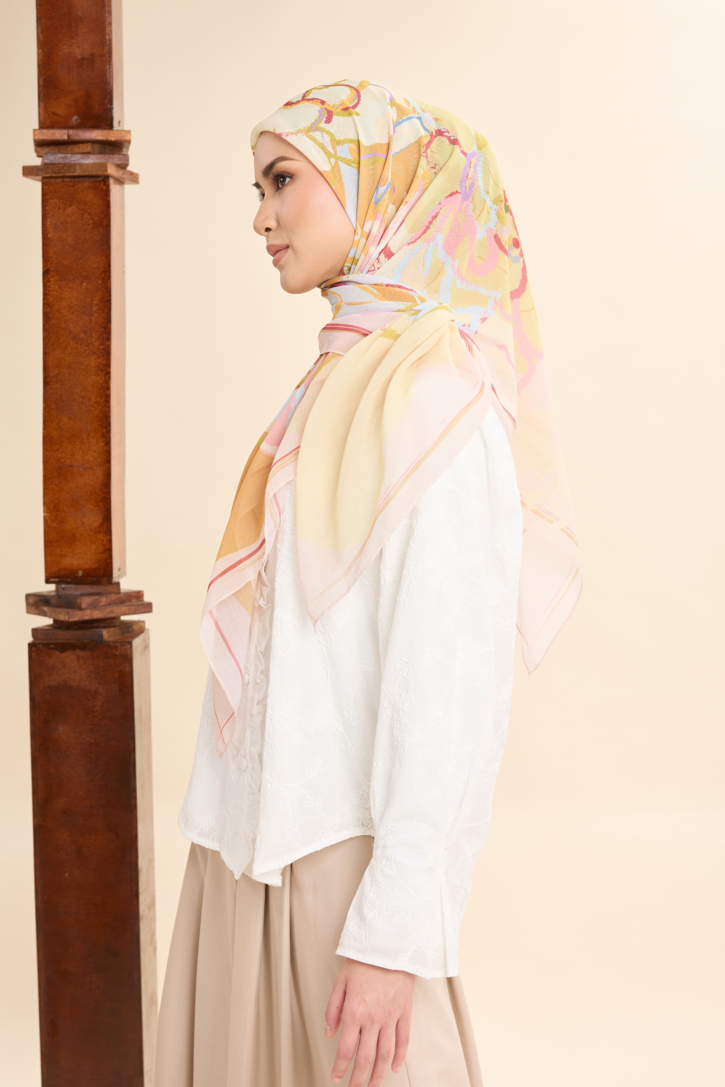 Thalia Lemon Yellow Abstract Square Voile Scarf