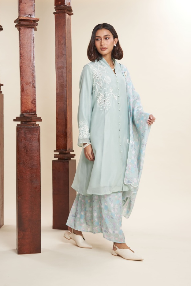 Maya Mint Green Embroidered Kurung Set