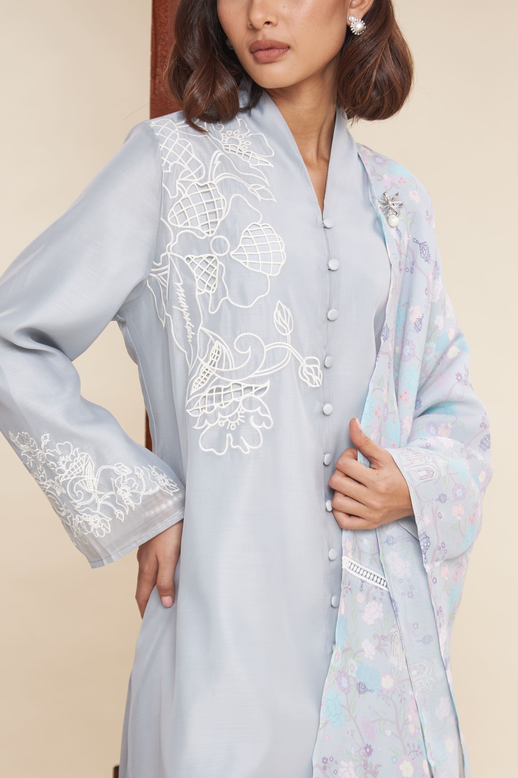 Maya Powder Blue Embroidered Kurung Set