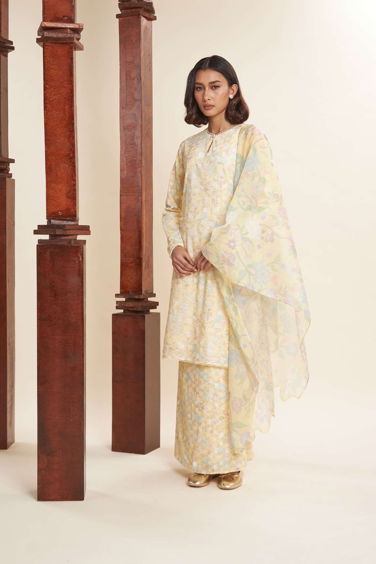 Katrina Butter Yellow Textured Modern Kurung Set