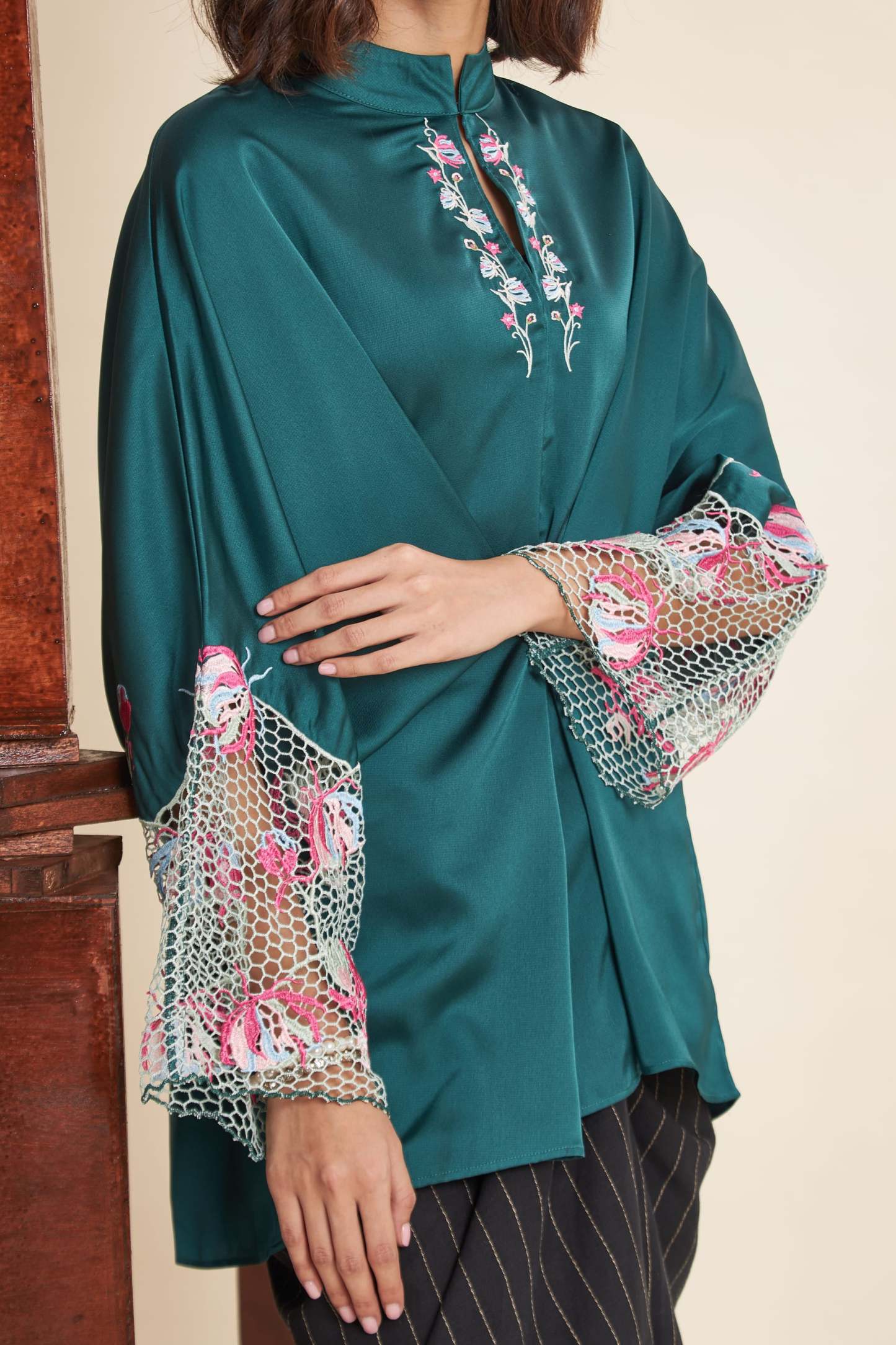 Rani Emerald Green Embroidered Batwing Top