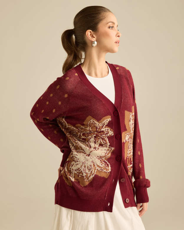 Amora Maroon Knitted Wool Cardigan