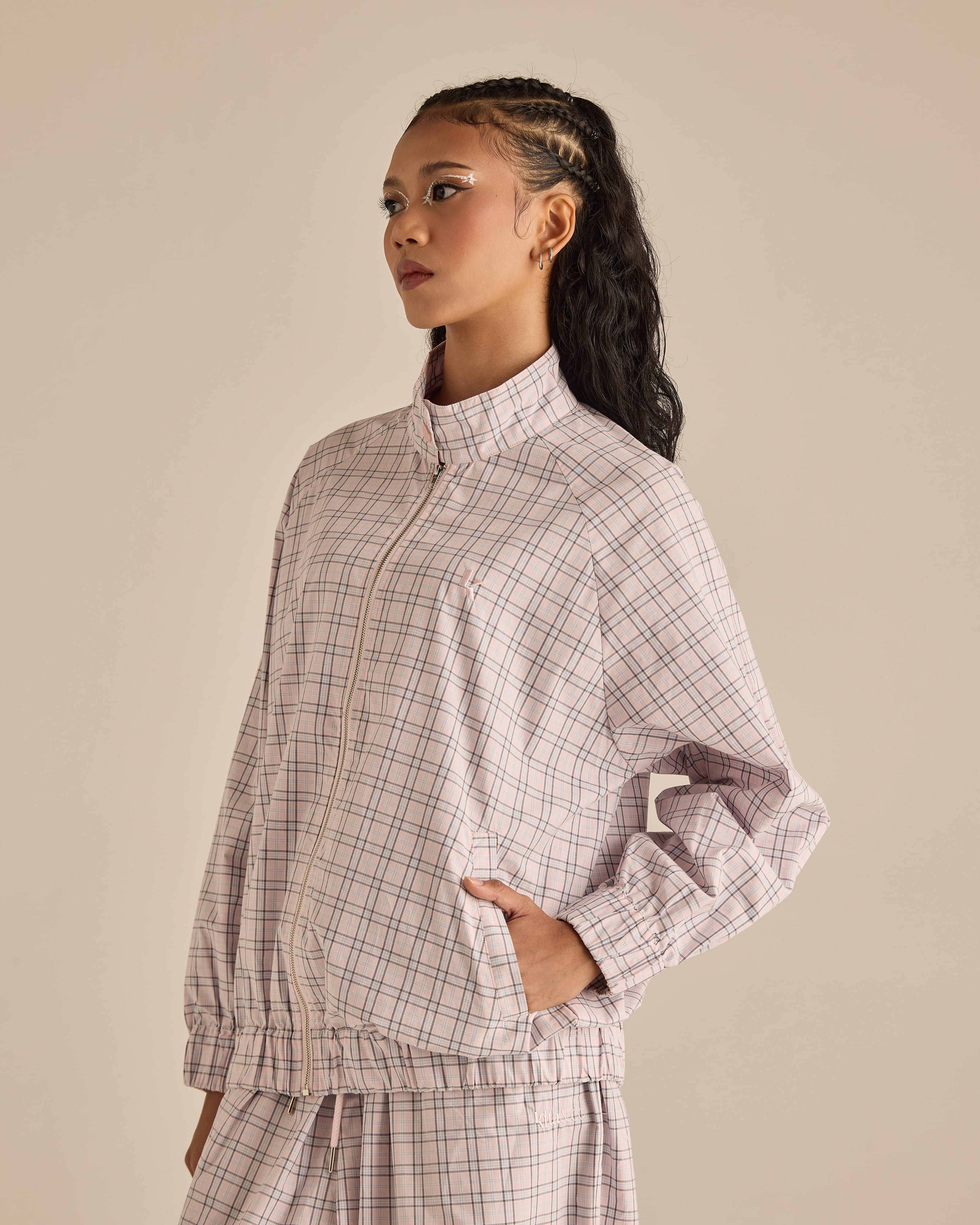 Soft Pink Plaid High-Neck Jacket