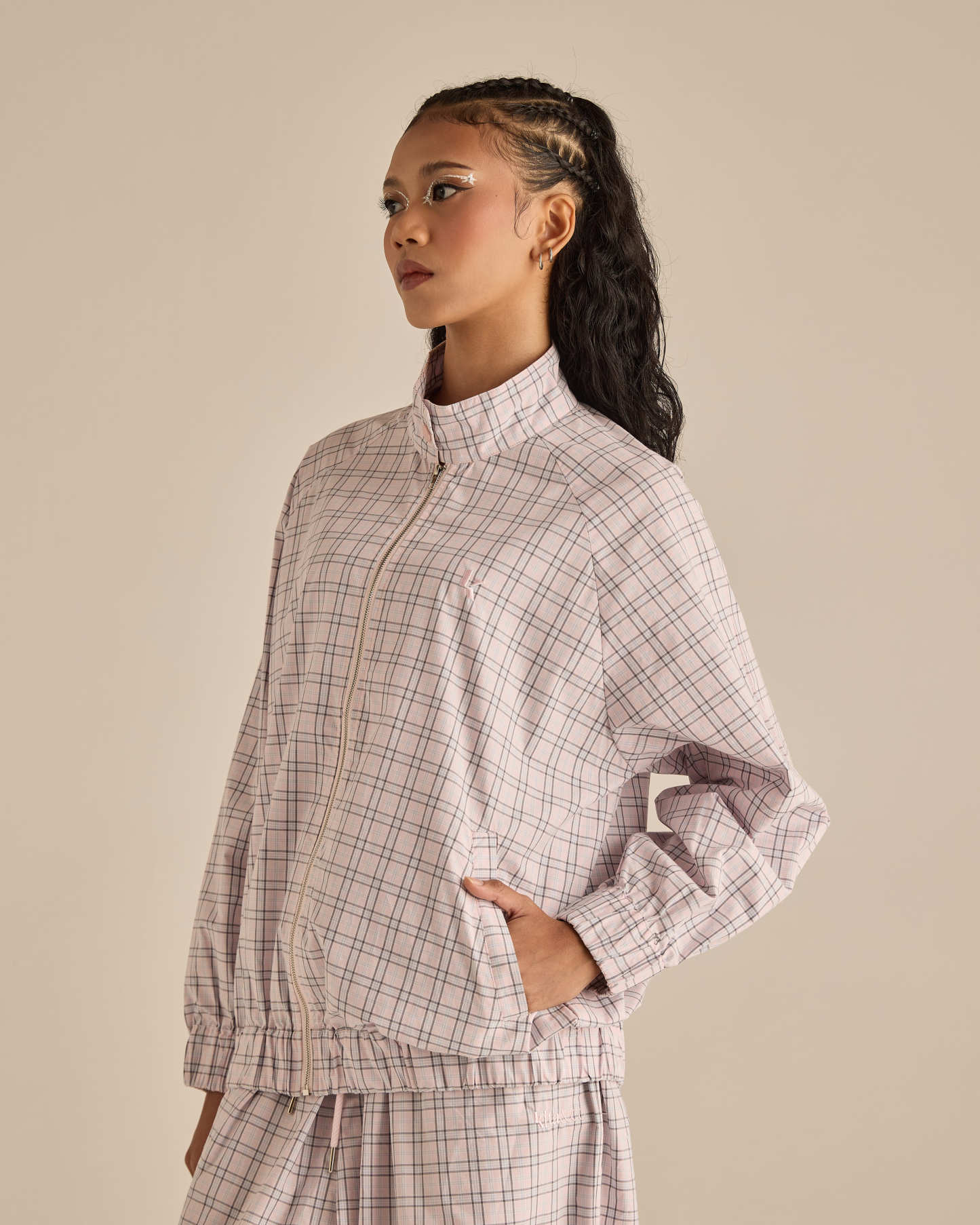 Soft Pink Plaid High-Neck Jacket