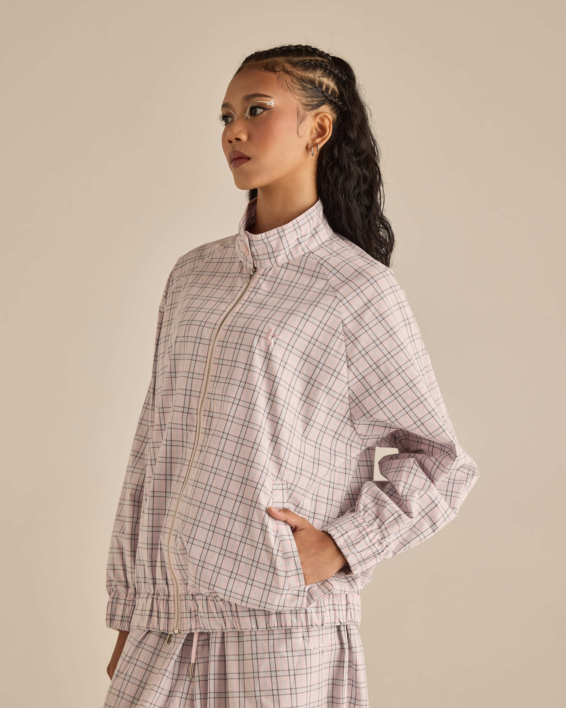 Soft Pink Plaid High-Neck Jacket