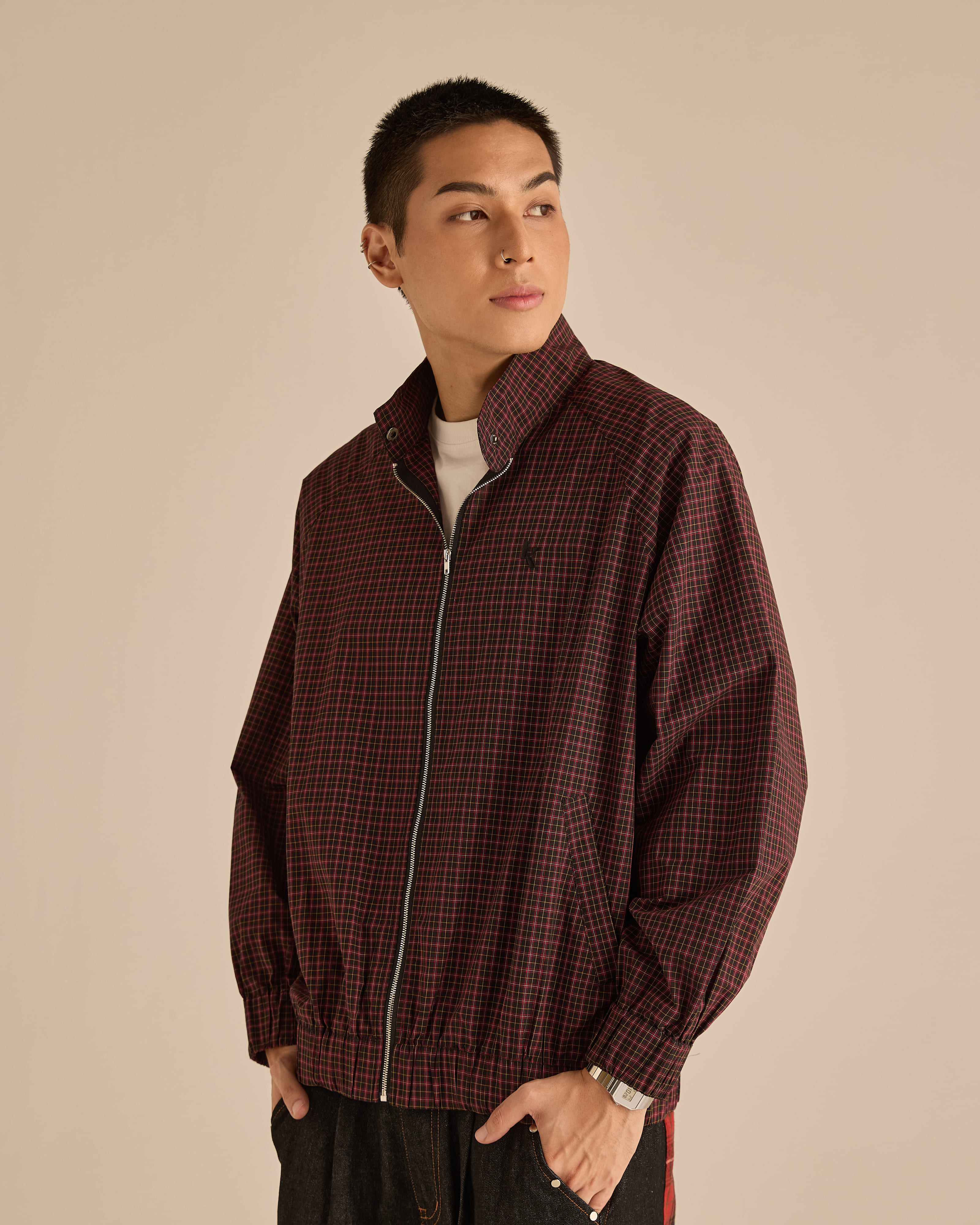 Red Plaid High-Neck Jacket