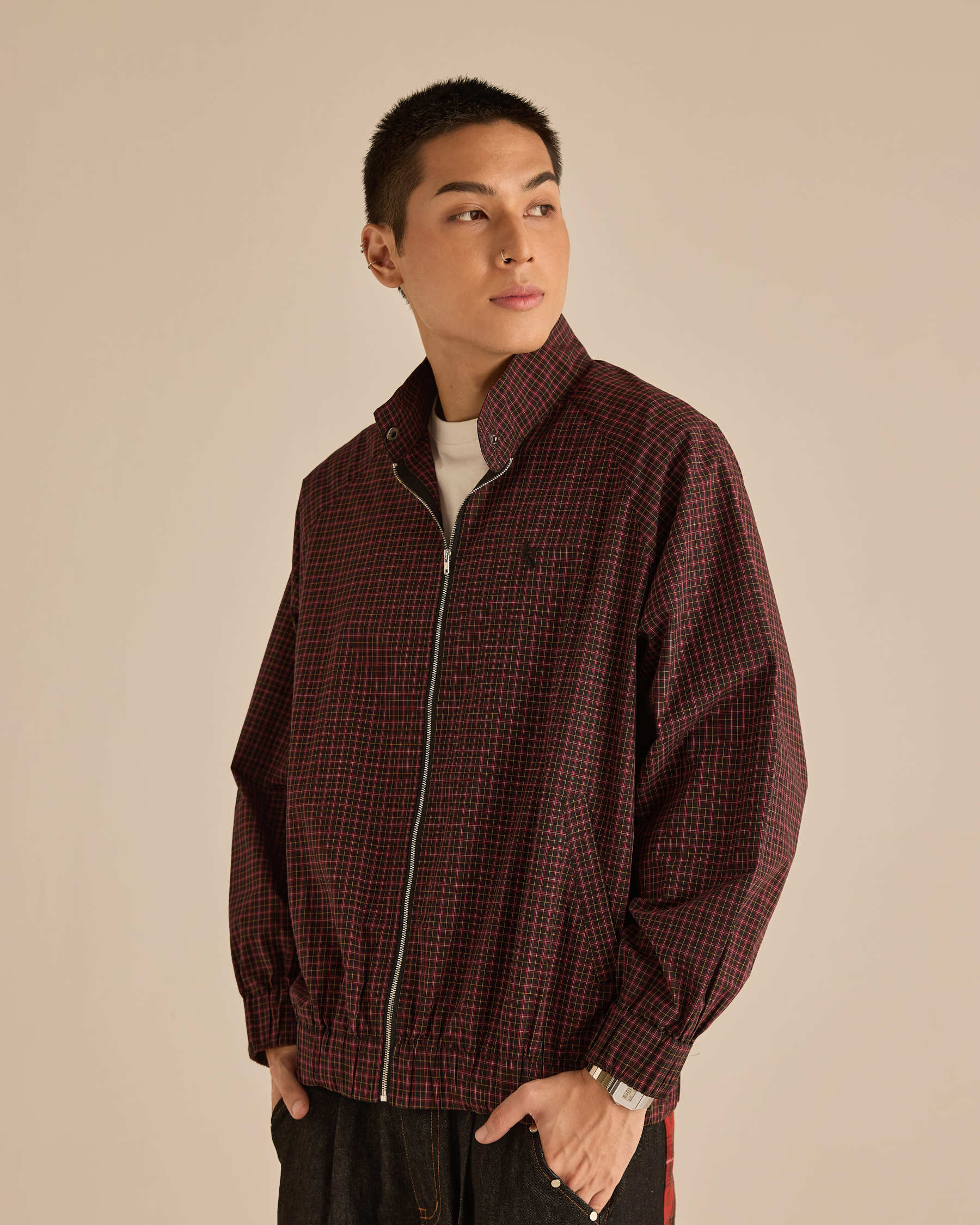 Red Plaid High-Neck Jacket