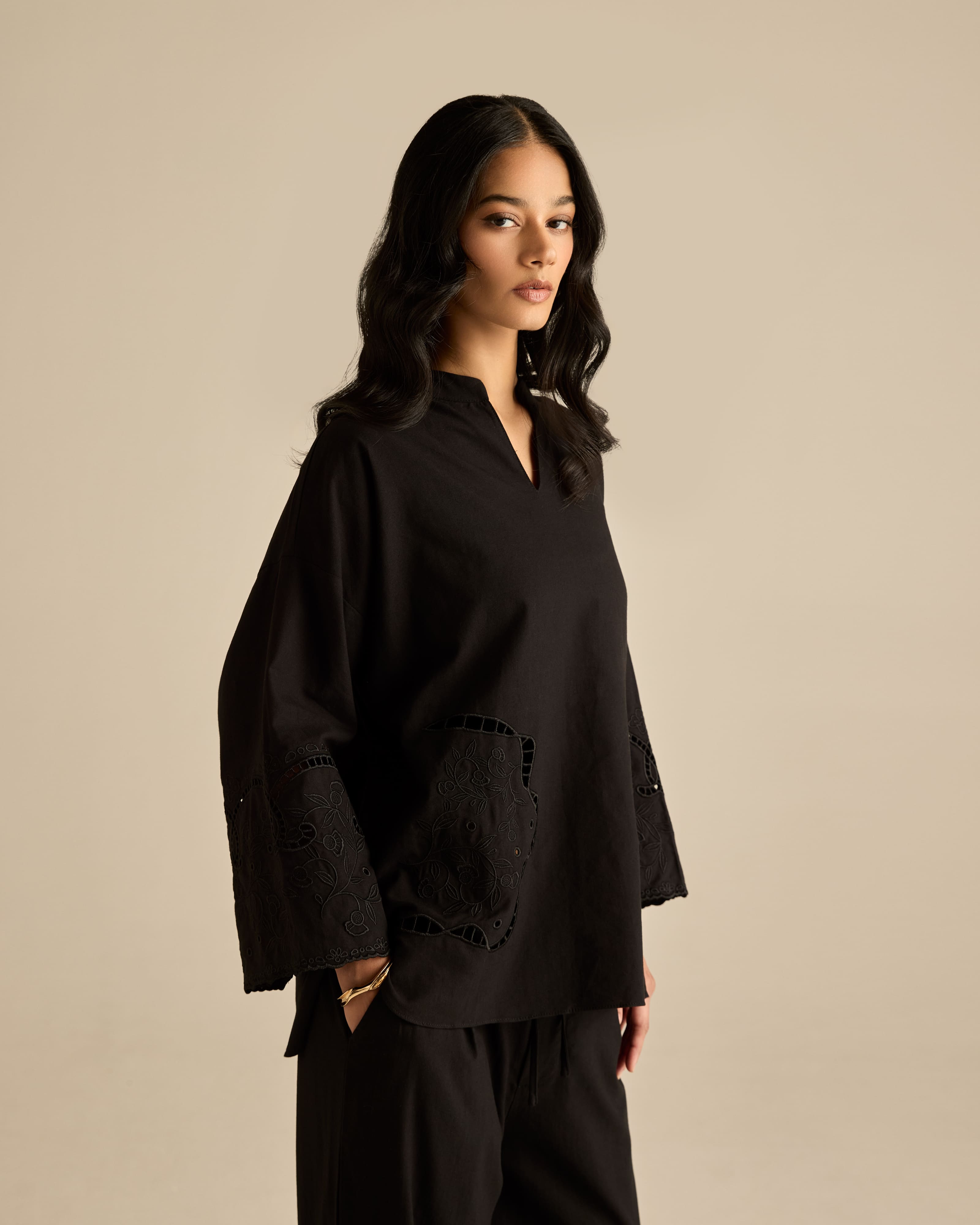 Aura Black Embroidered Boxy Top