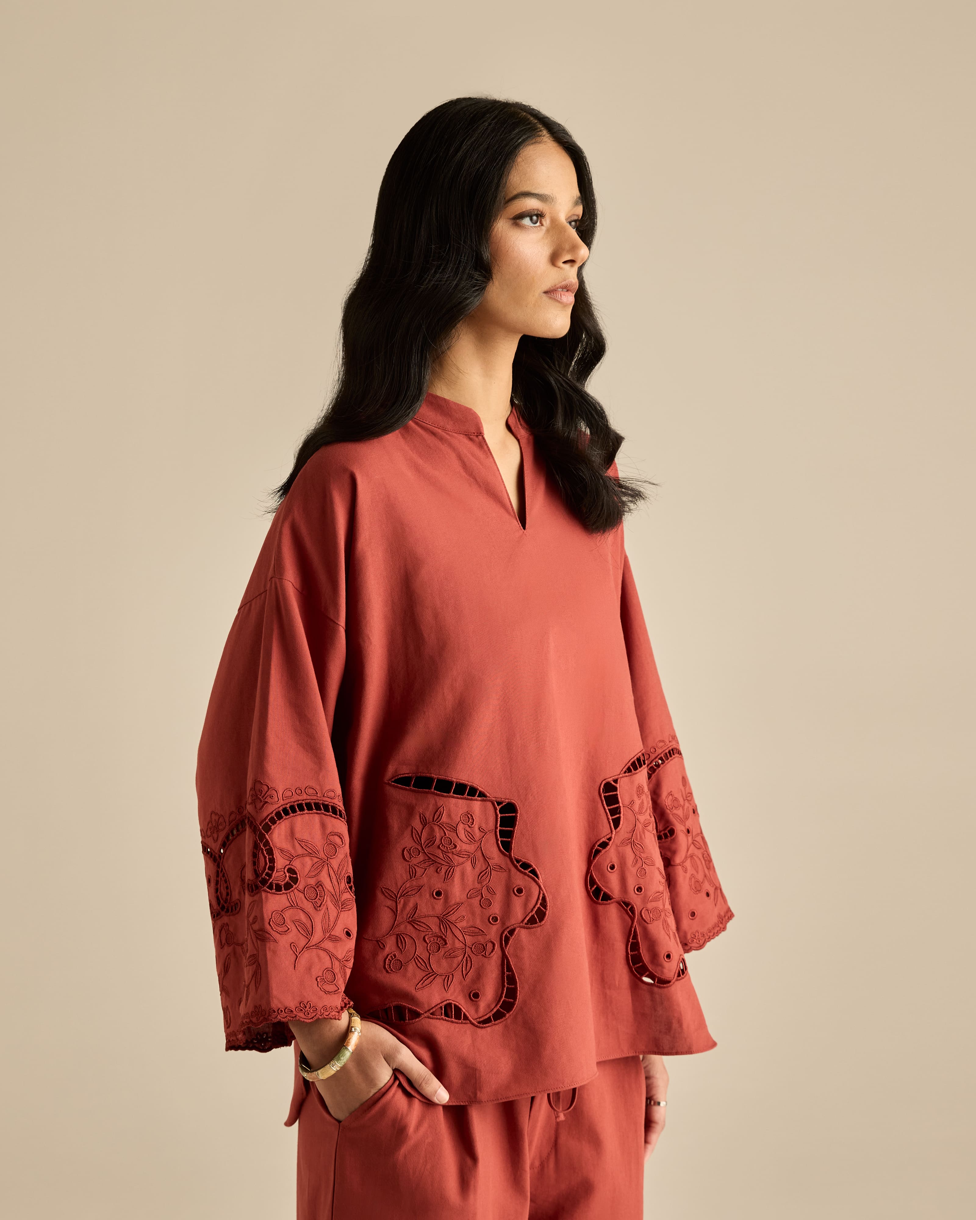 Aura Brown Embroidered Boxy Top