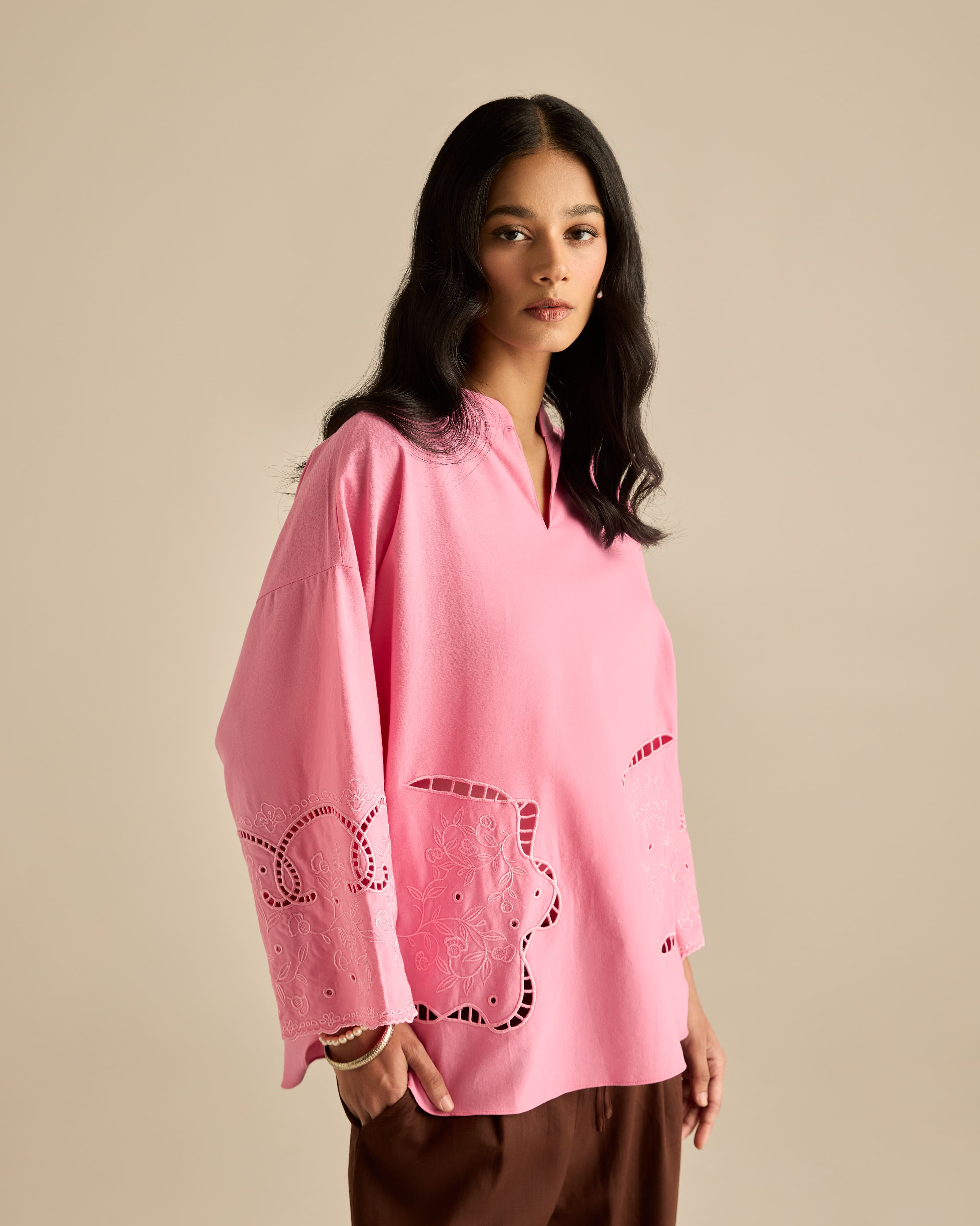 Aura Pink Embroidered Boxy Top