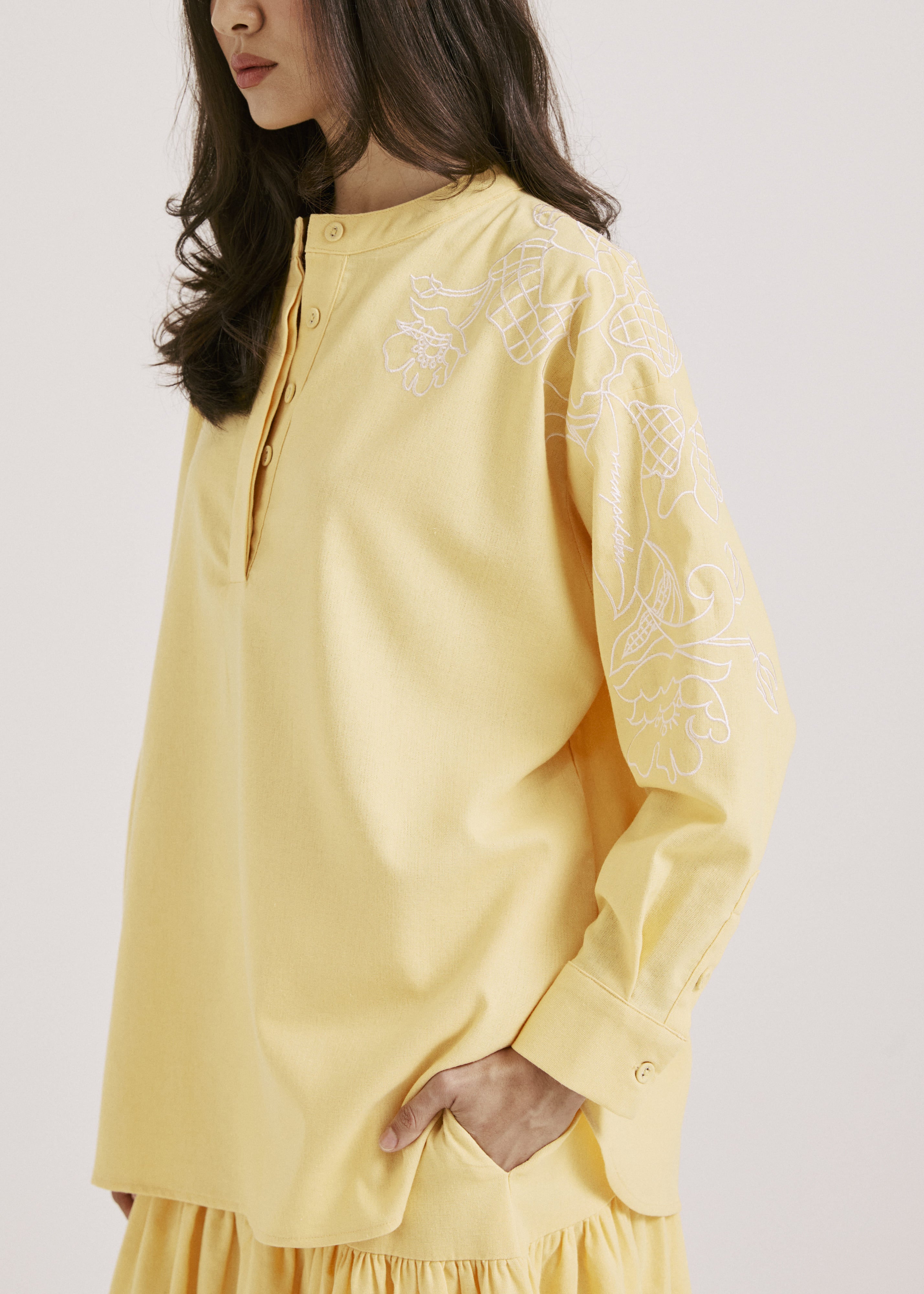 Meira Lemon Yellow Embroidered Linen Top
