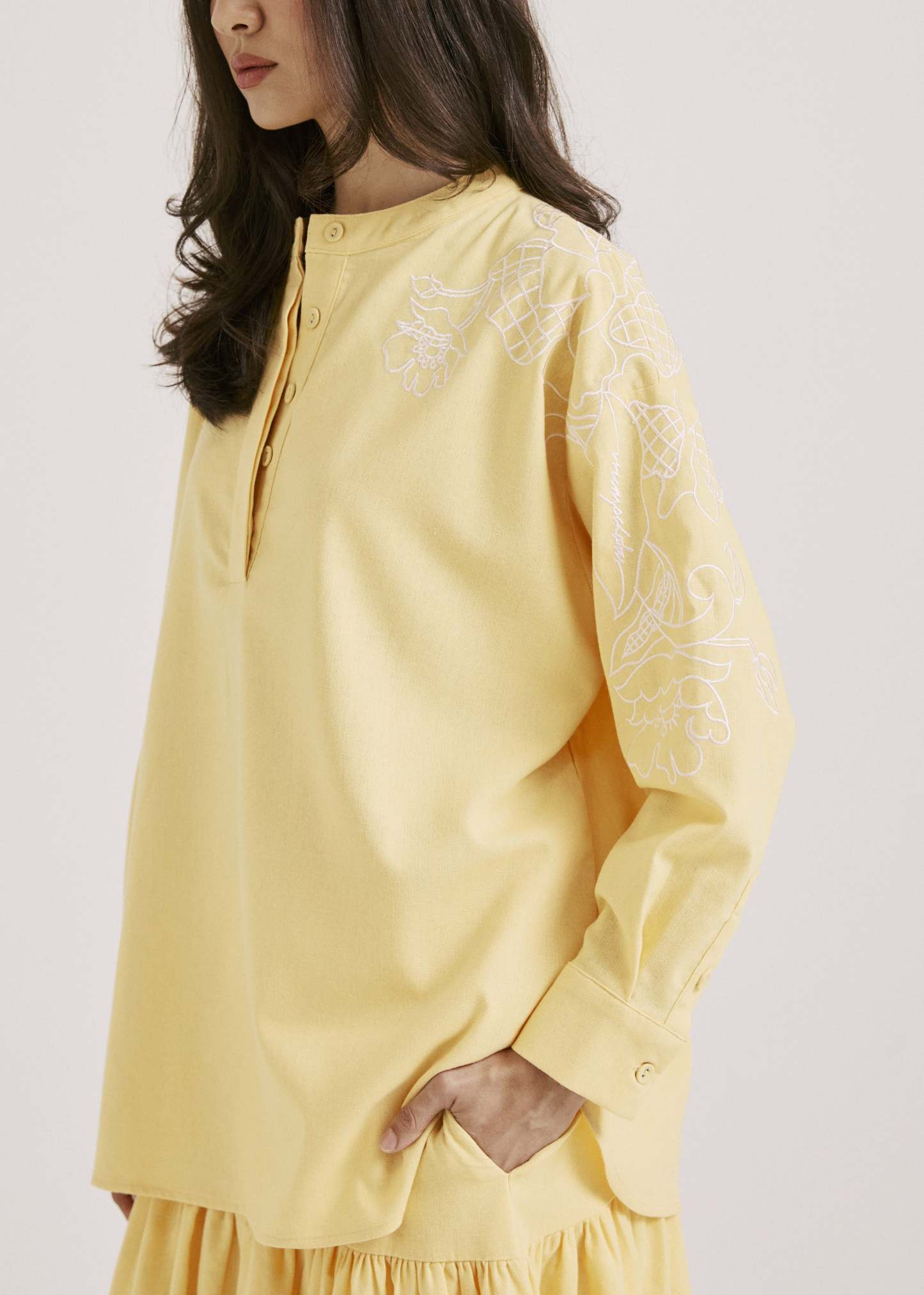 Meira Lemon Yellow Embroidered Linen Top