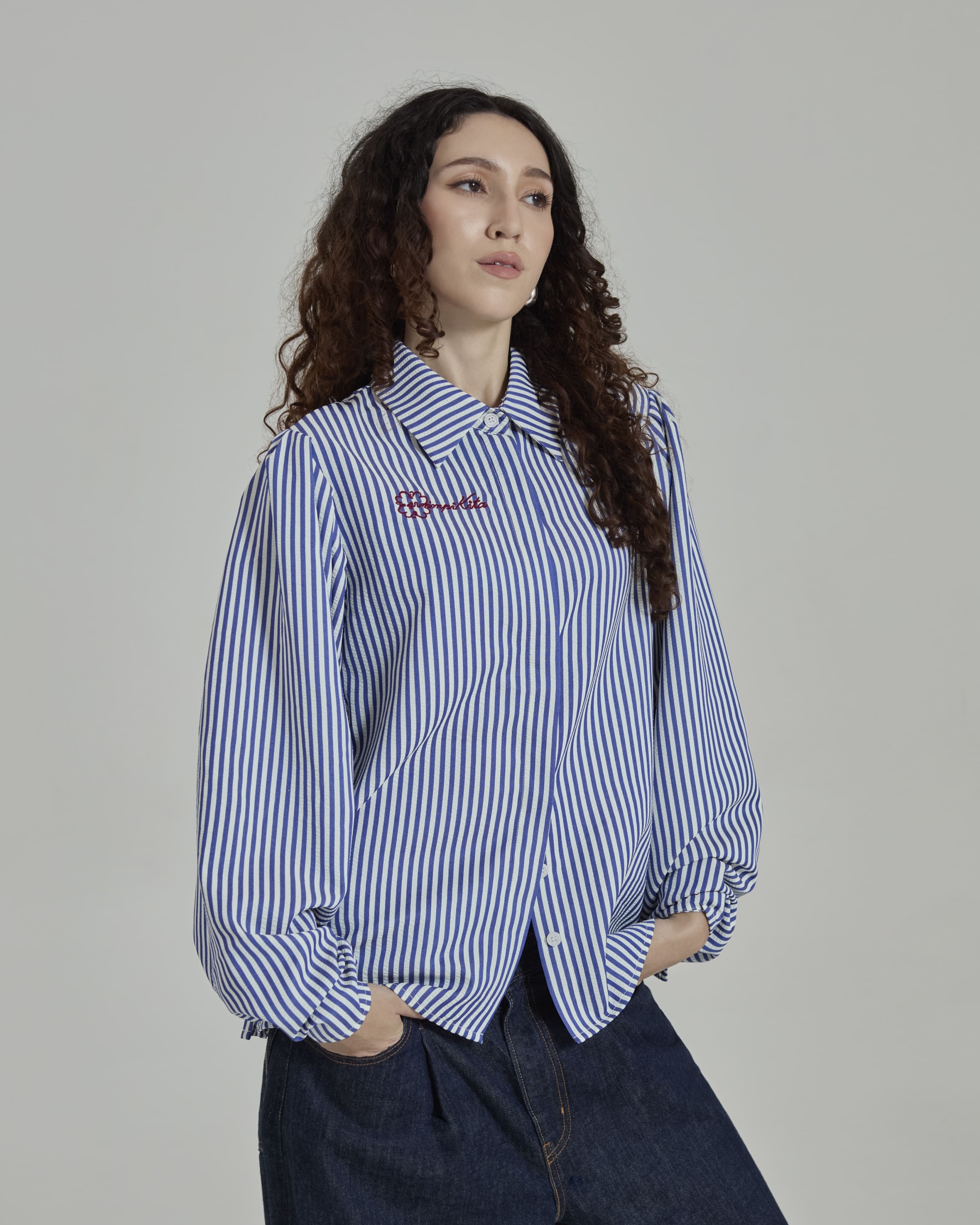 Emily Blue Striped Puff Sleeves Shirt