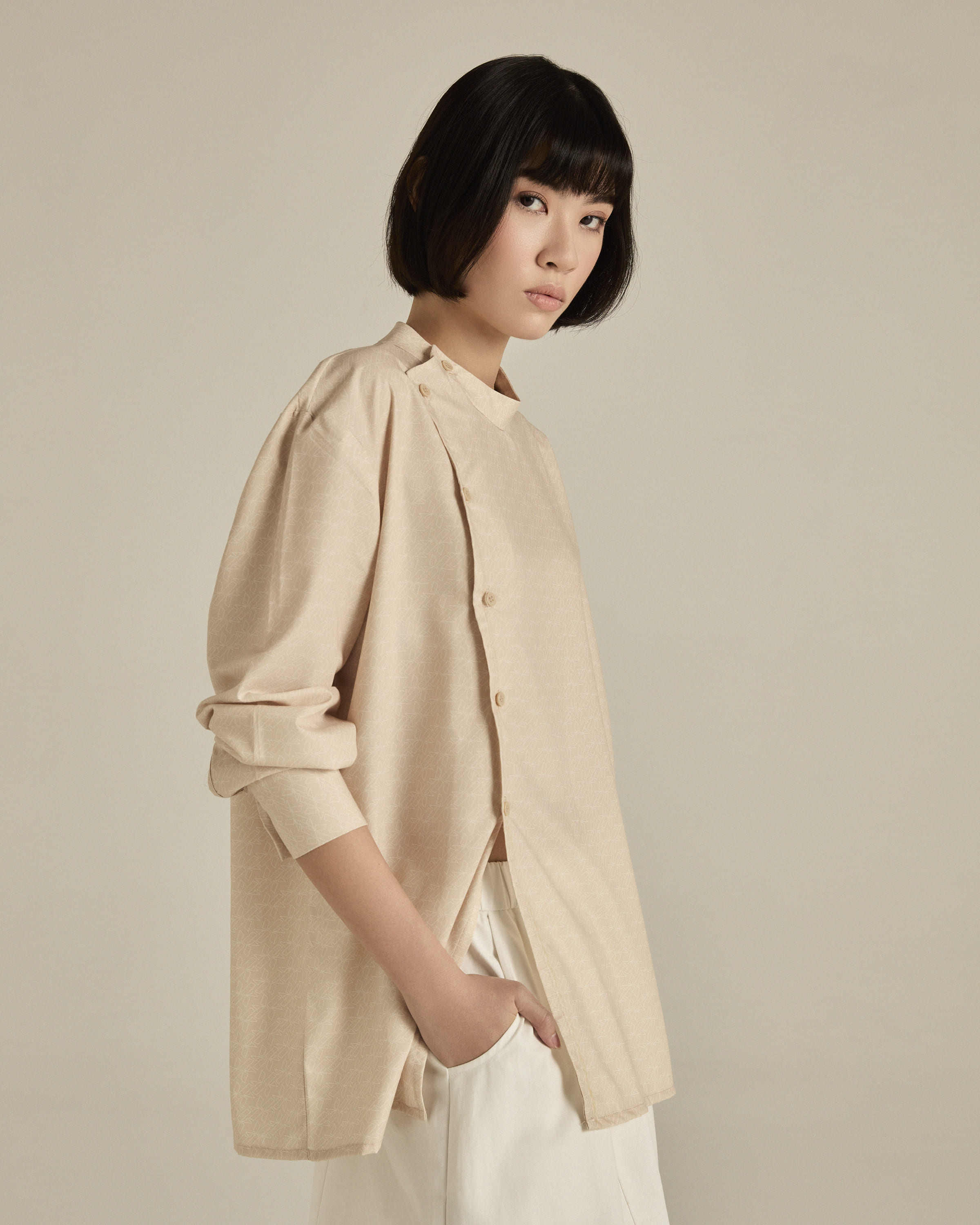 Nude Asymmetric Printed Shirt