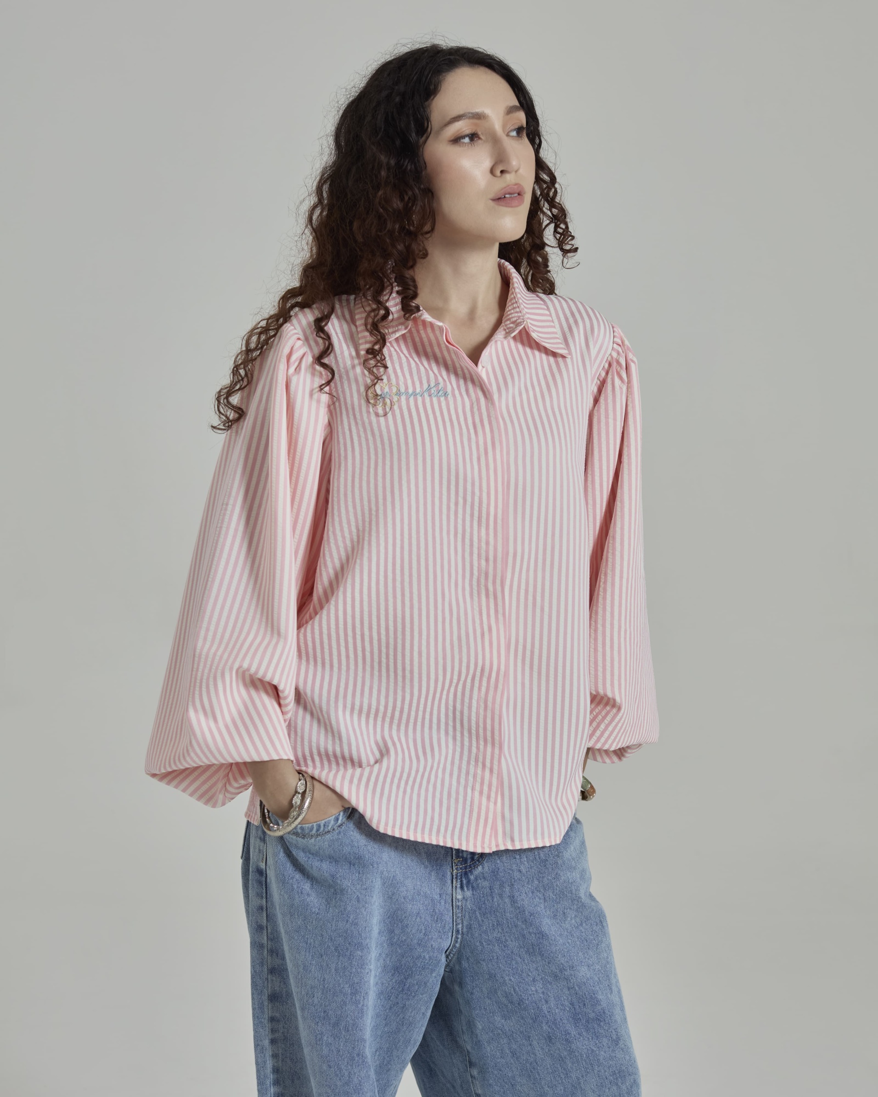 Emily Pink Striped Puff Sleeves Shirt