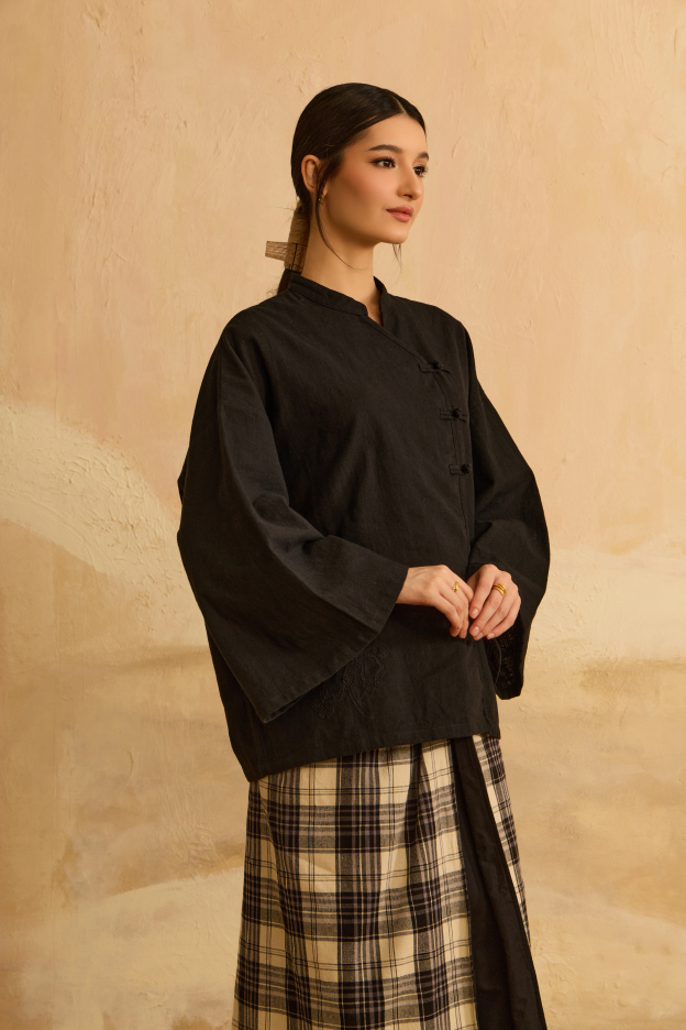 Nadra Black Embroidered Boxy Top