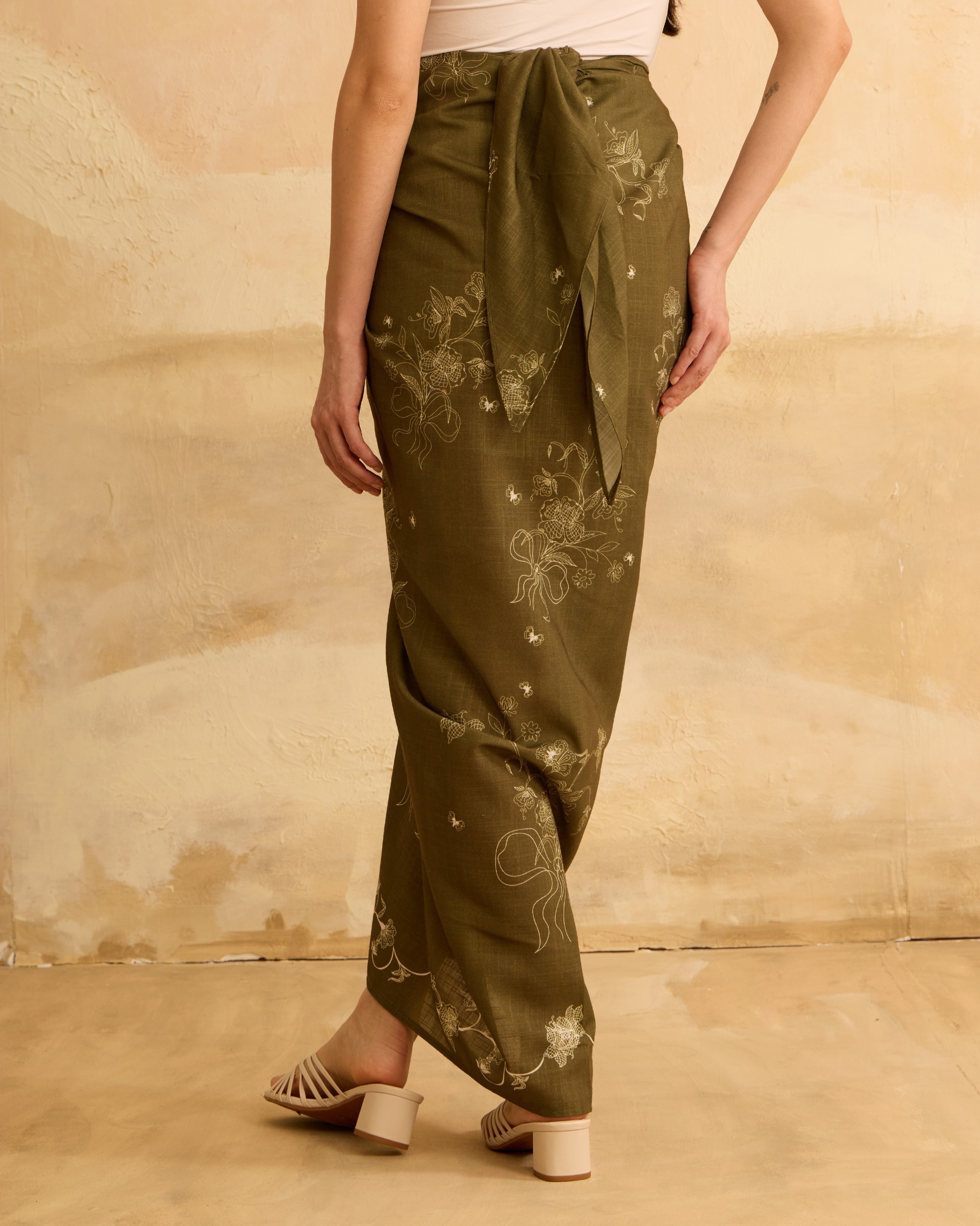 Feiha Green Printed Linen Pareo Skirt
