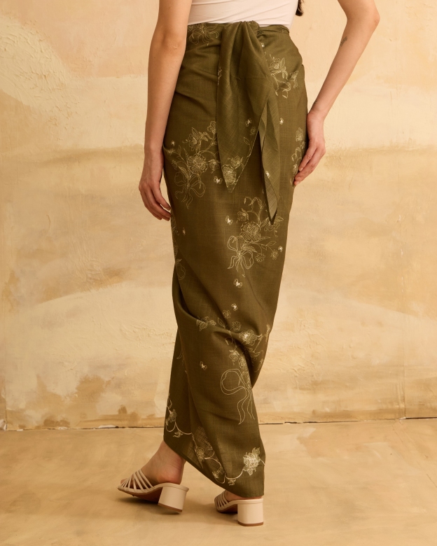 Feiha Green Printed Linen Pareo Skirt