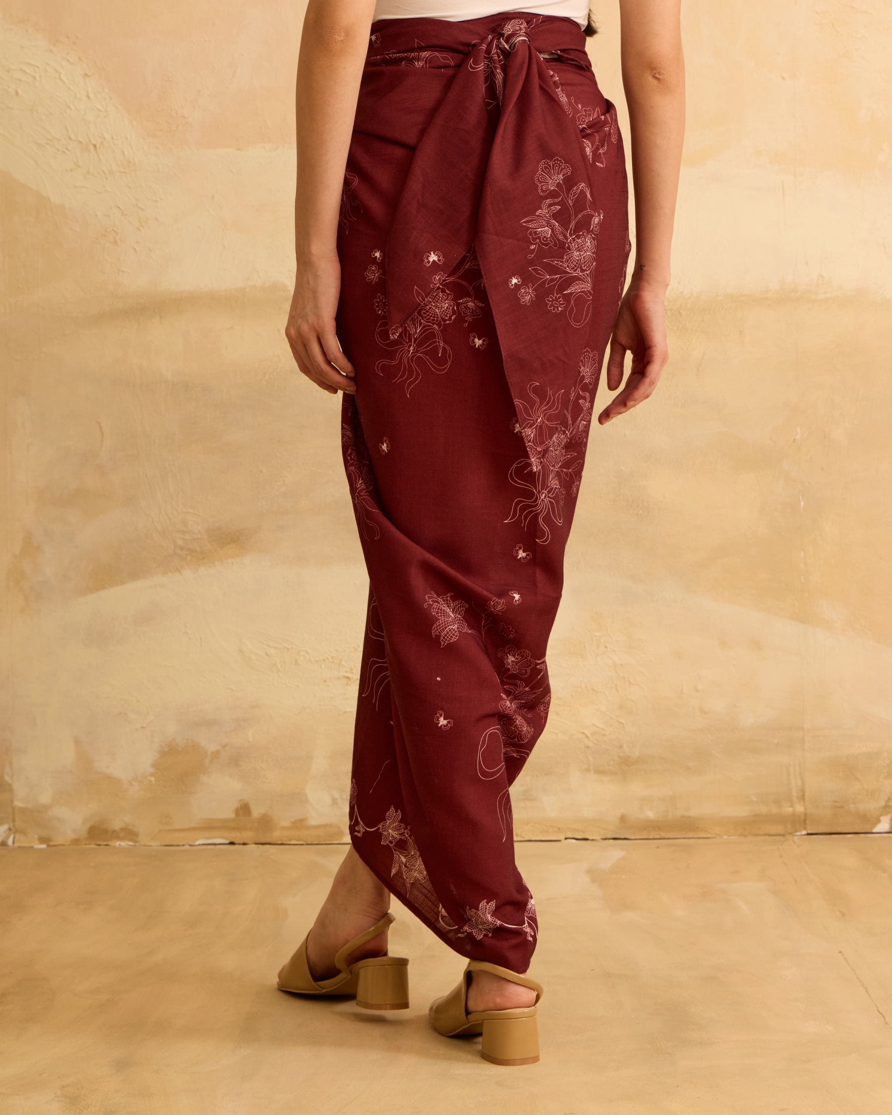 Feiha Maroon Printed Linen Pareo Skirt