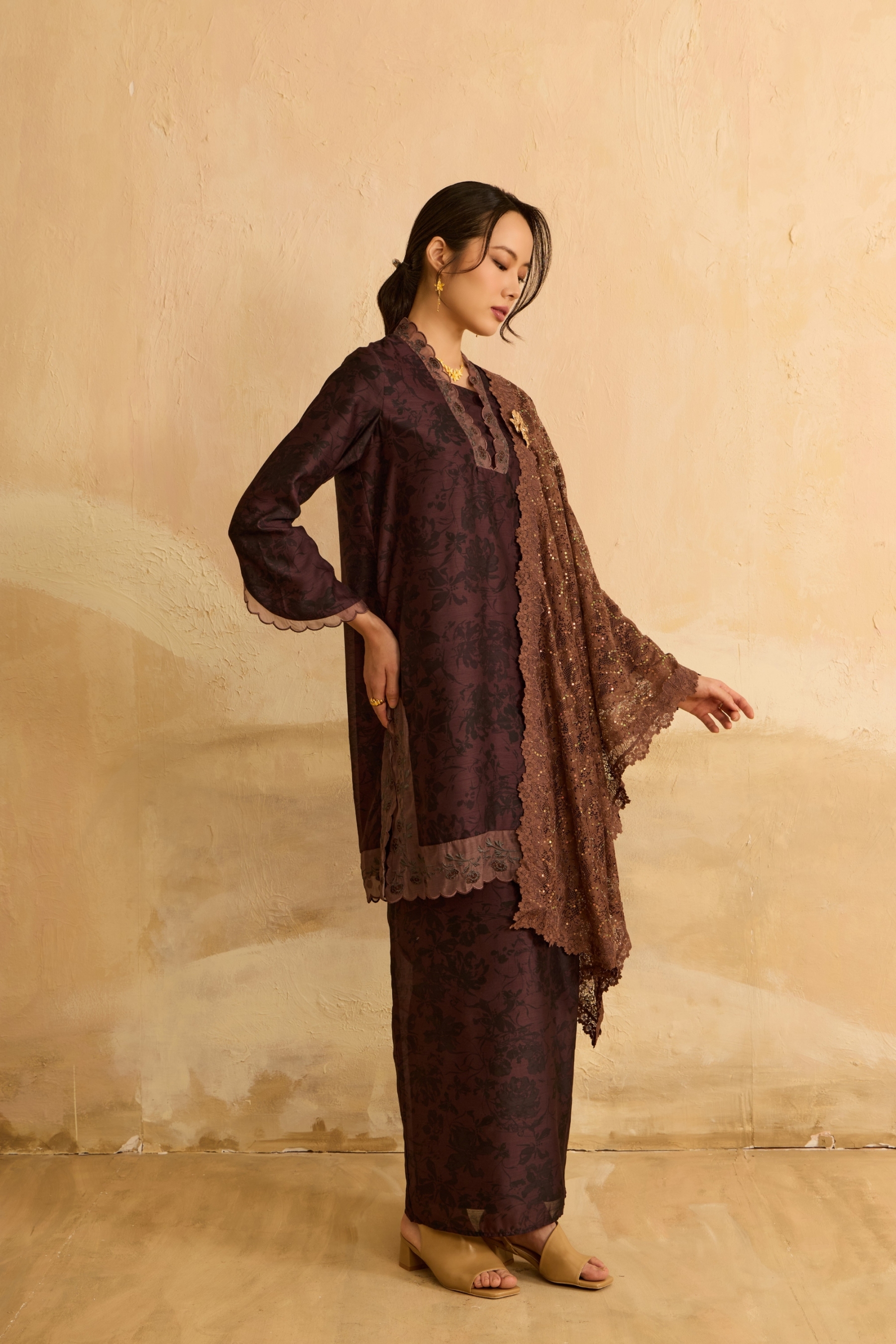 Mentari Rich Brown Printed Kurung Set