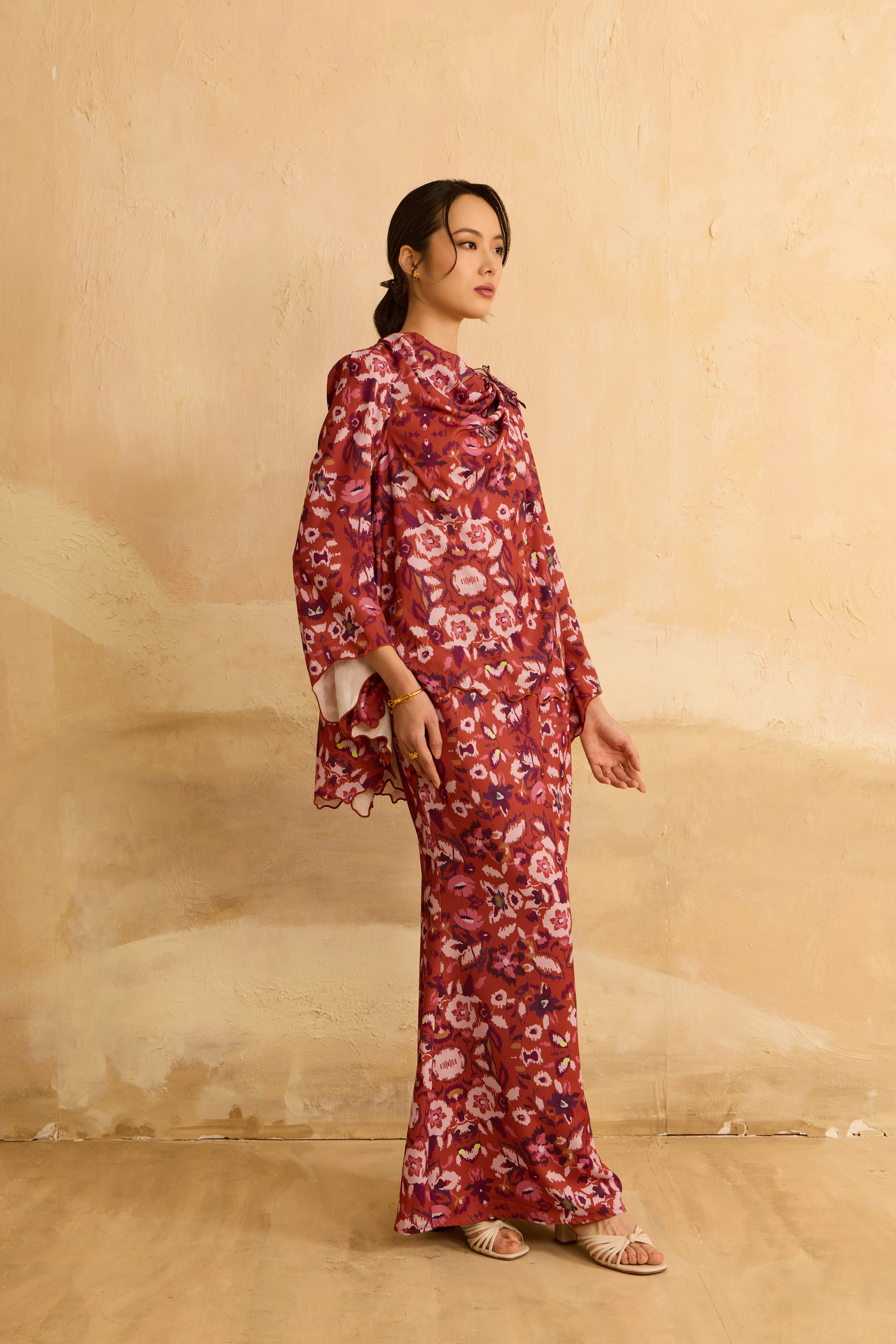 Raisa Brick Orange Abstract Draped Kurung