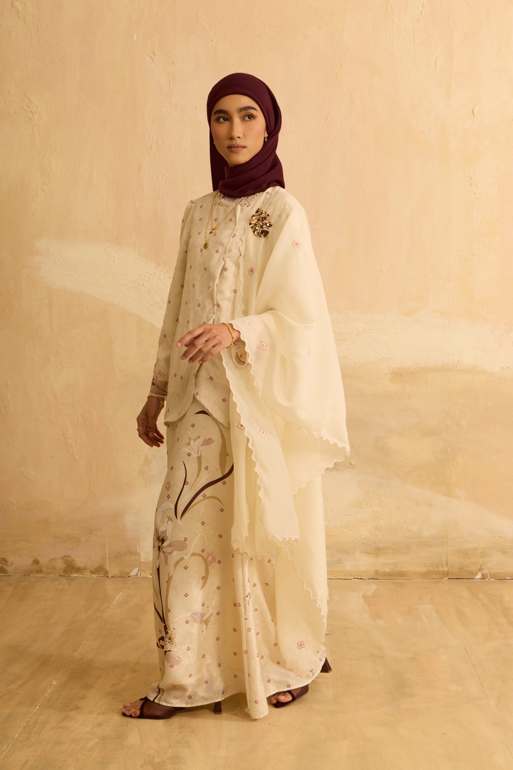 Laili Champagne Asymmetric Kurung Set