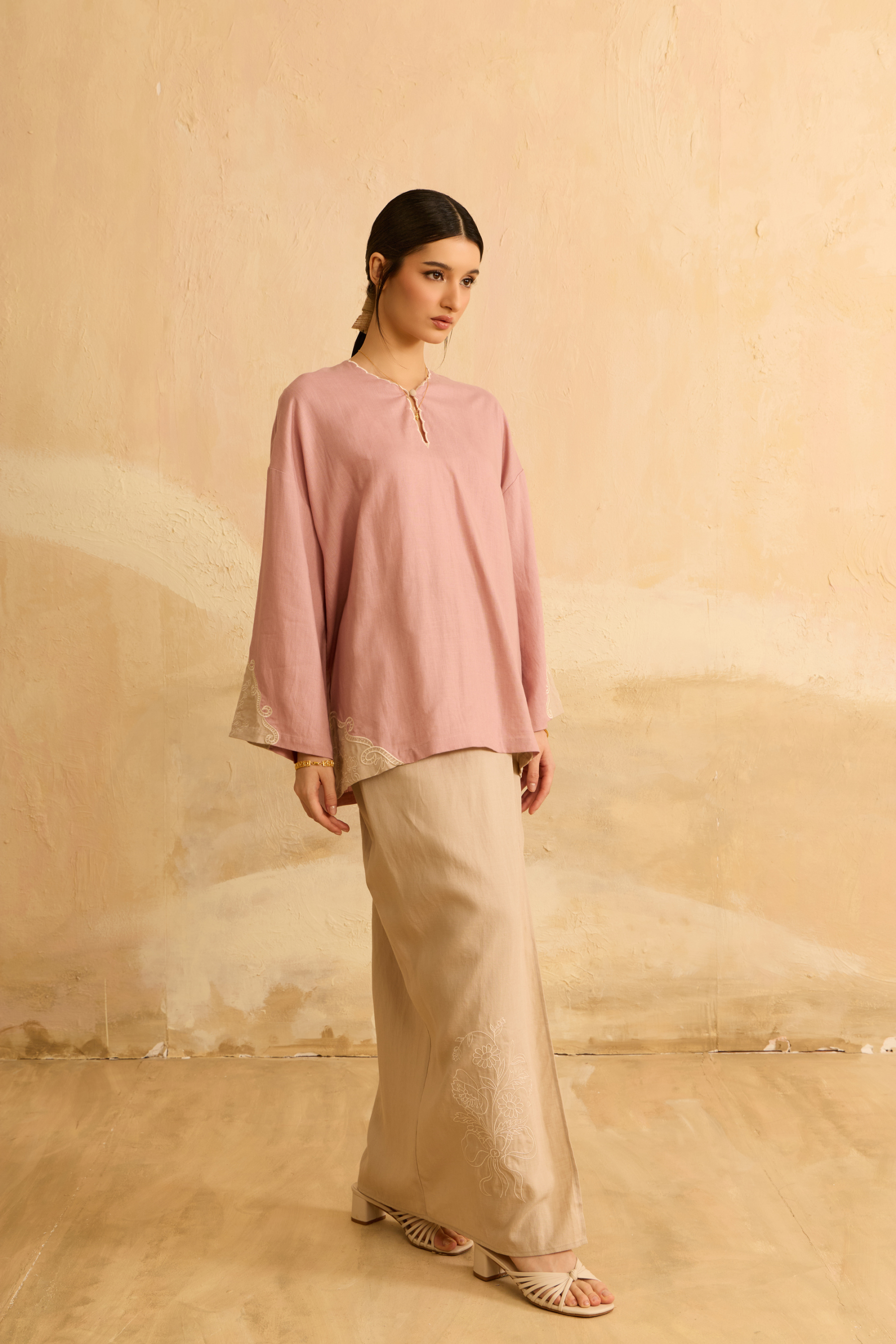 Naima Soft Pink Embroidered Kedah Modern Kurung