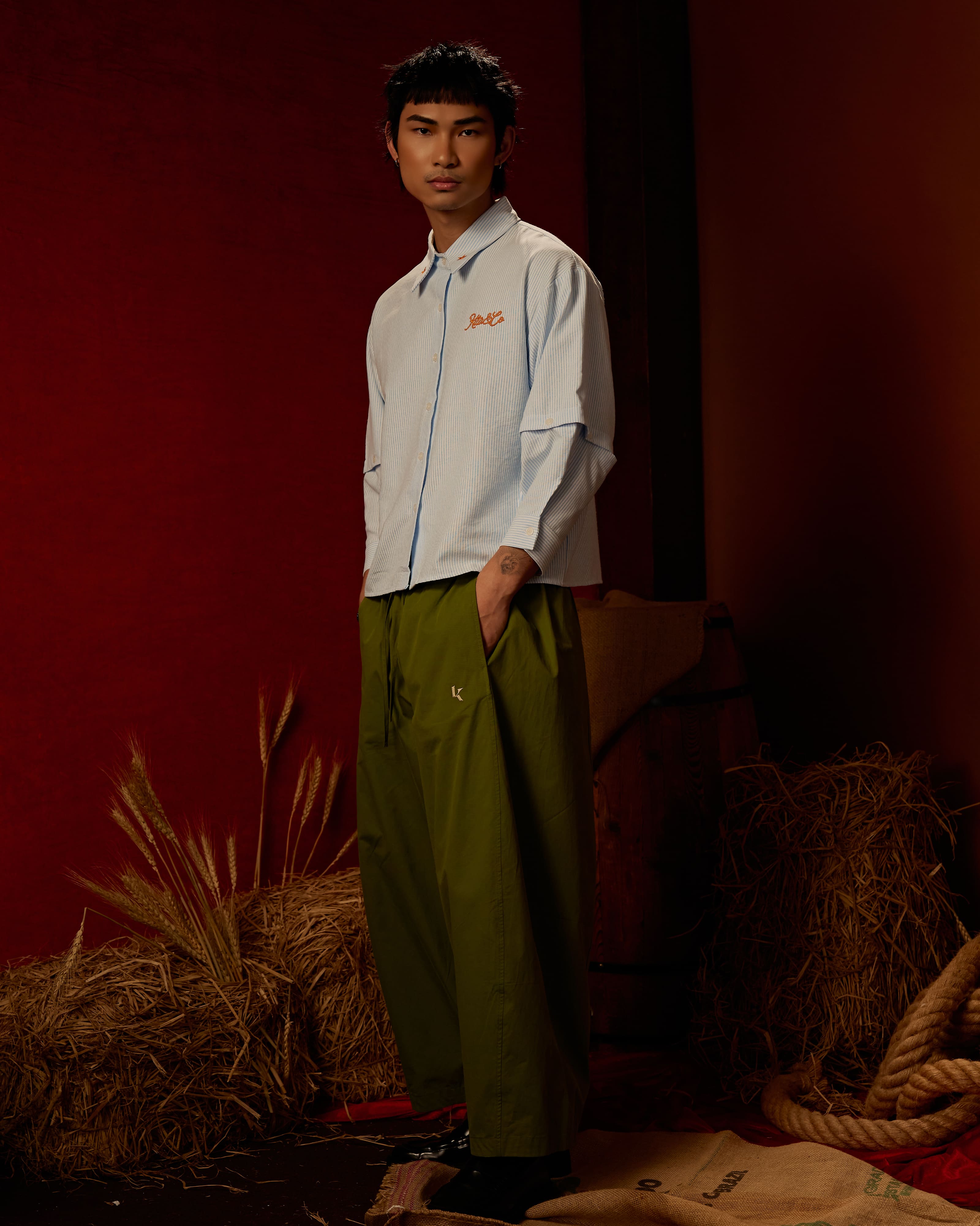 Boxy Detachable-Sleeves Striped Shirt