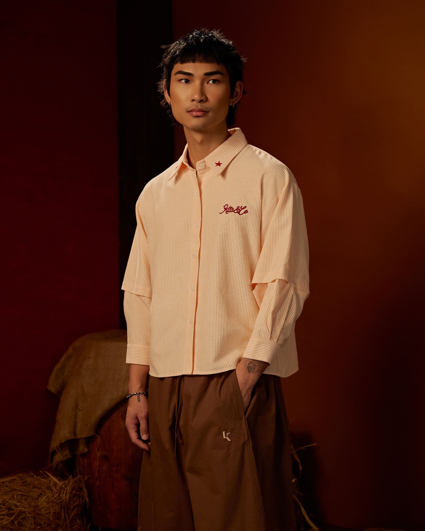 Boxy Detachable-Sleeves Striped Shirt