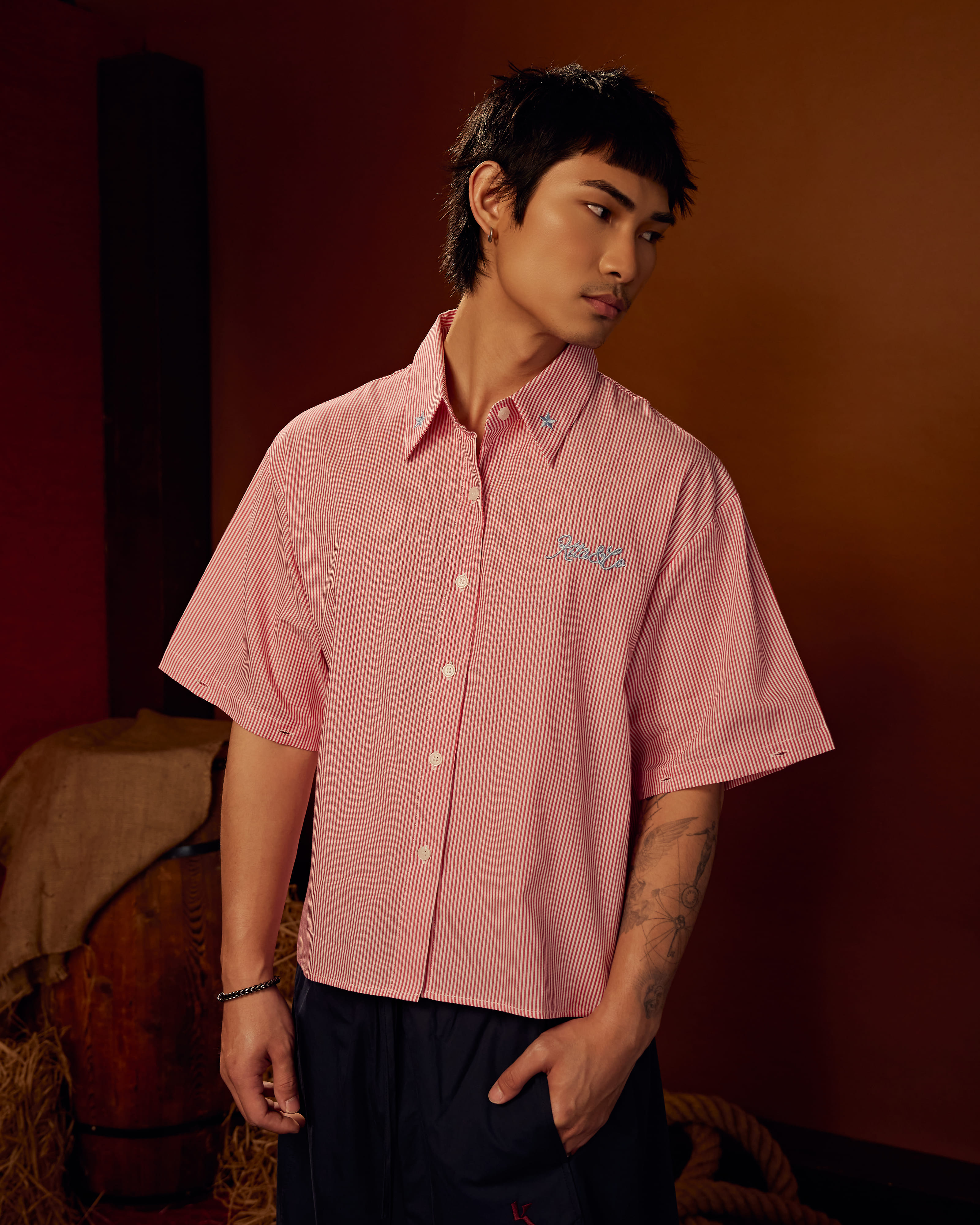 Boxy Detachable-Sleeves Striped Shirt