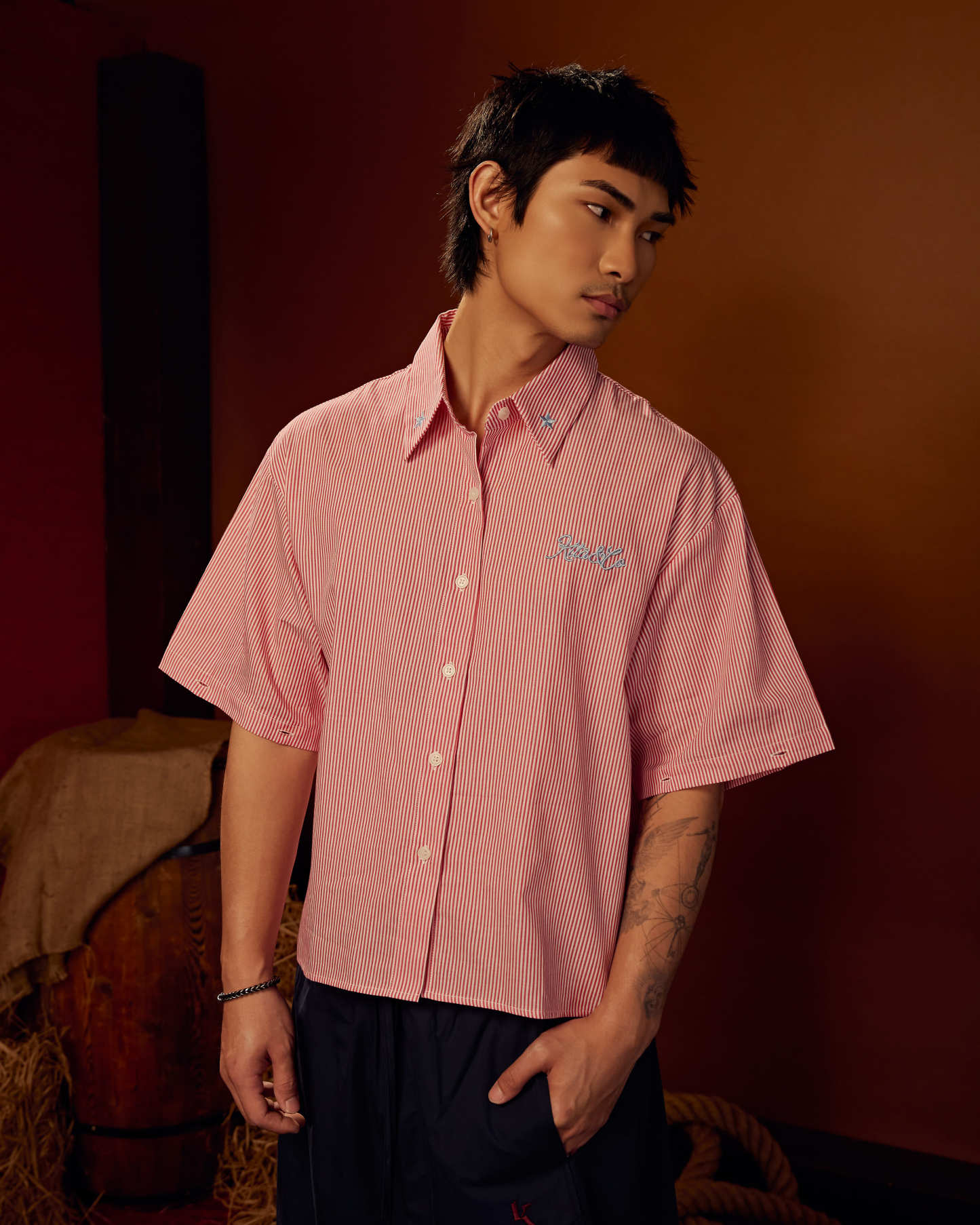 Boxy Detachable-Sleeves Striped Shirt