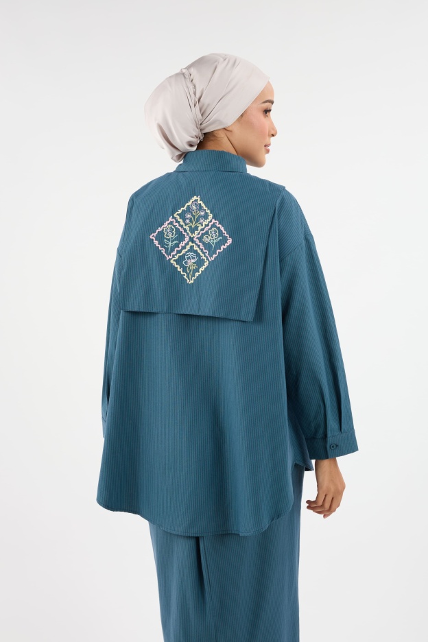 Harmoni Teal Blue Striped Linen Shirt