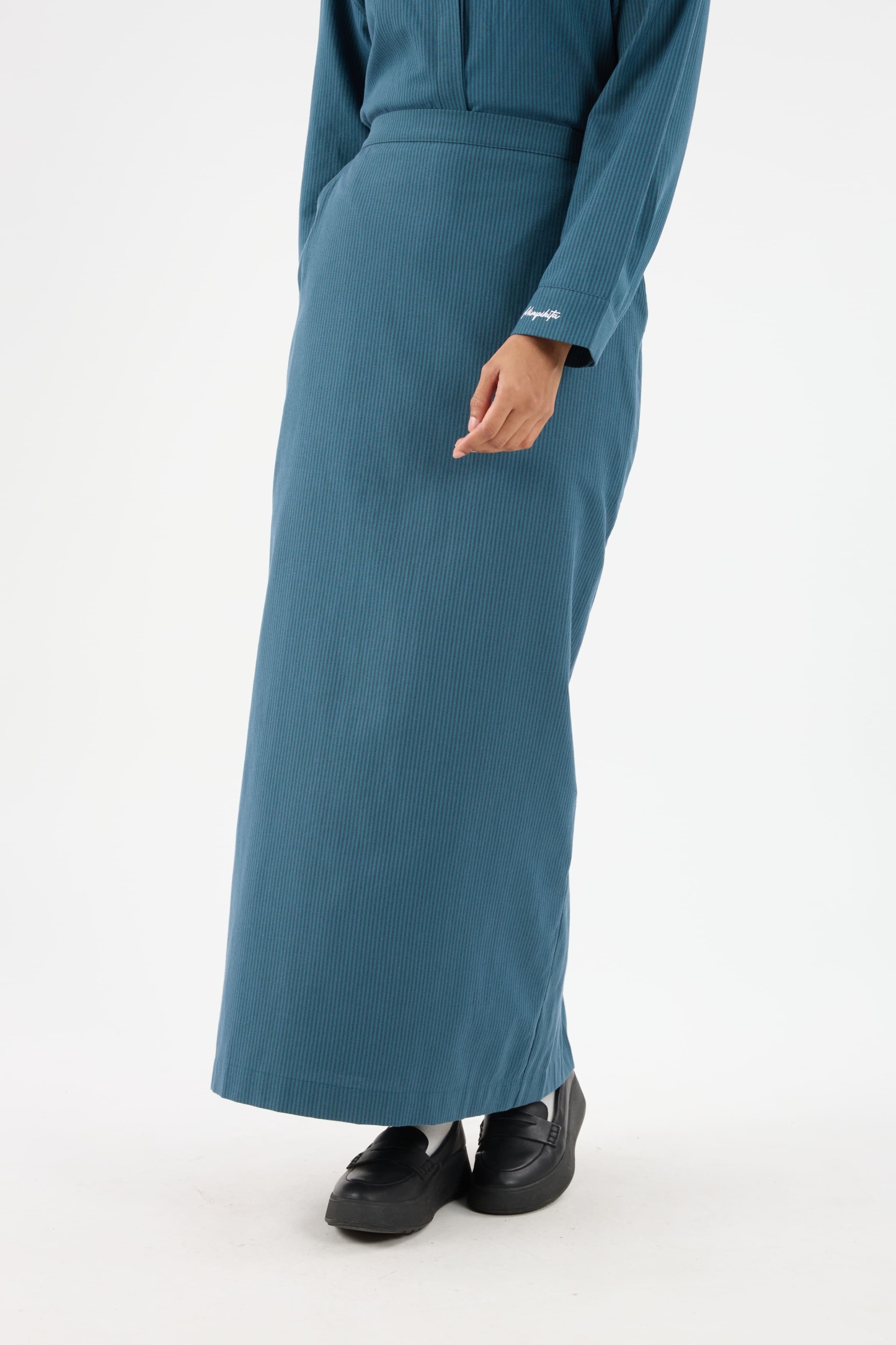 Harmoni Teal Blue Striped Linen Skirt