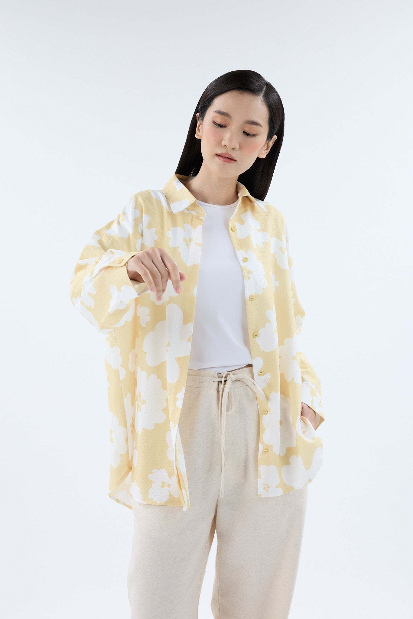 Fiora Butter Yellow Printed Oversized Shirt