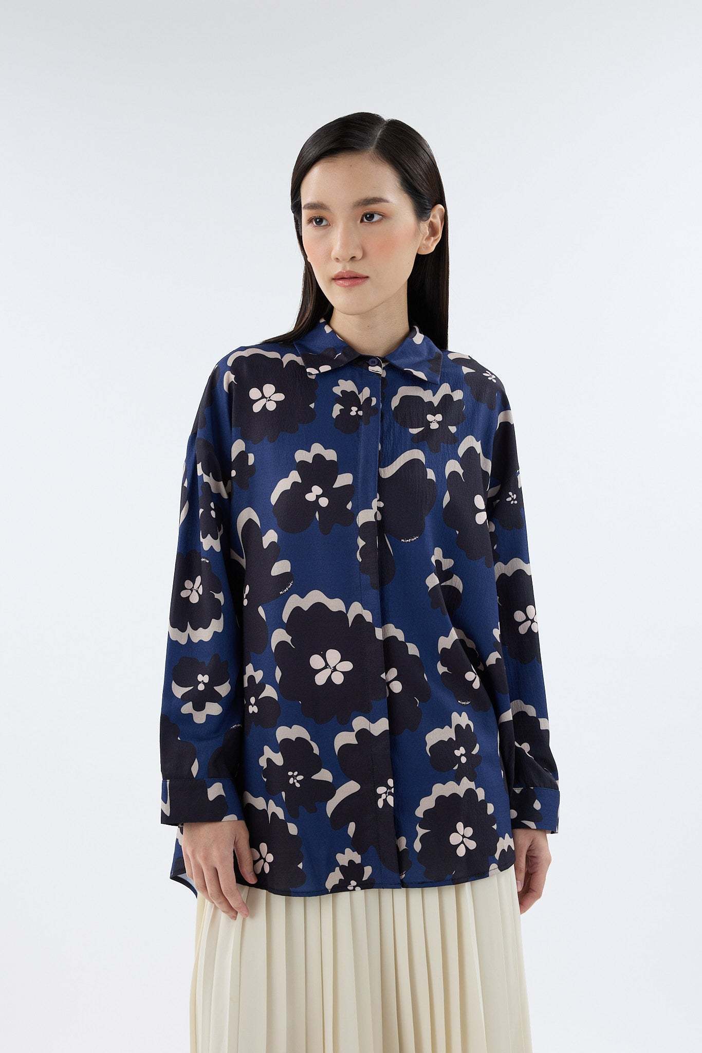 Fiora Navy Blue Printed Oversized Shirt