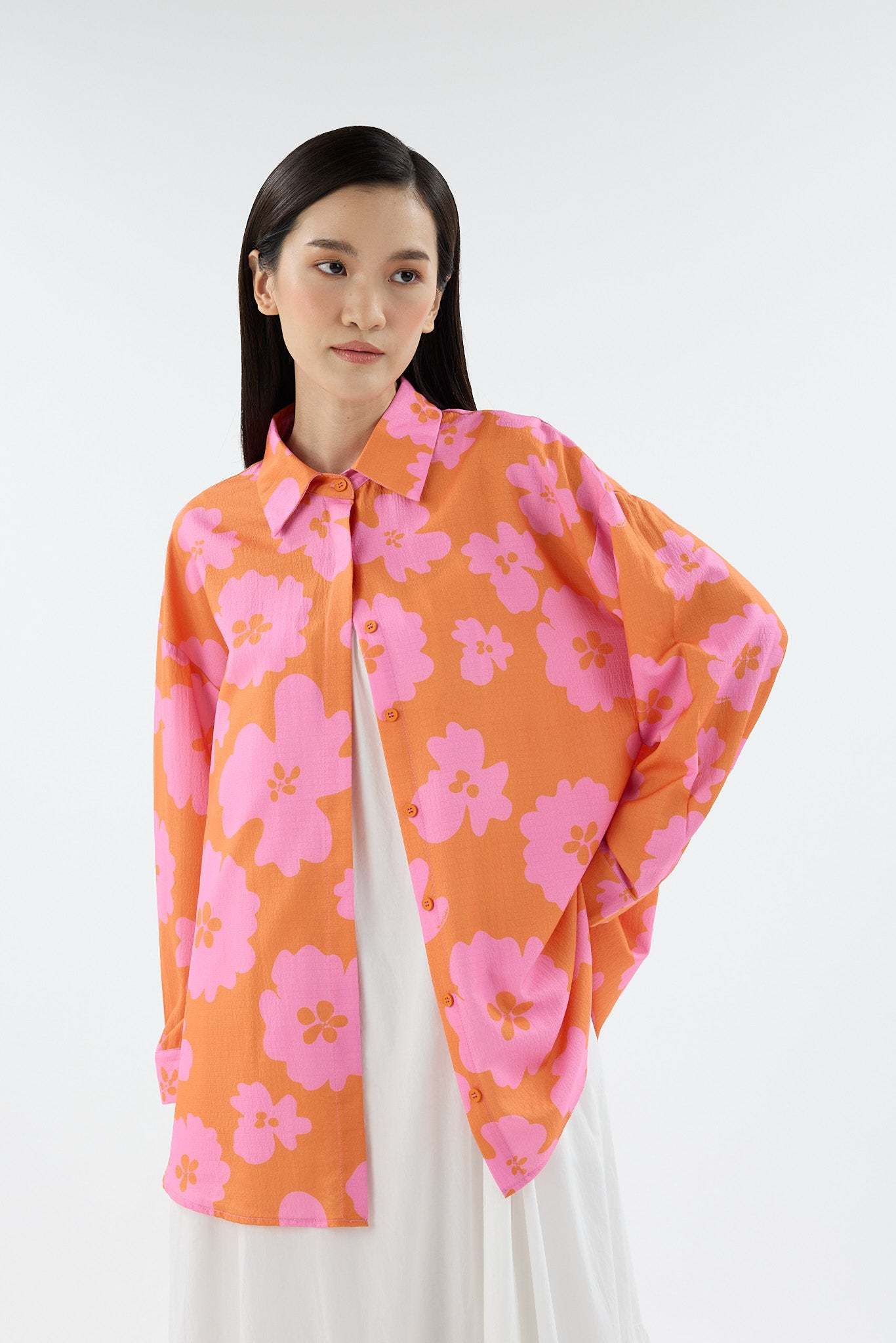 Fiora Orange Printed Oversized Shirt