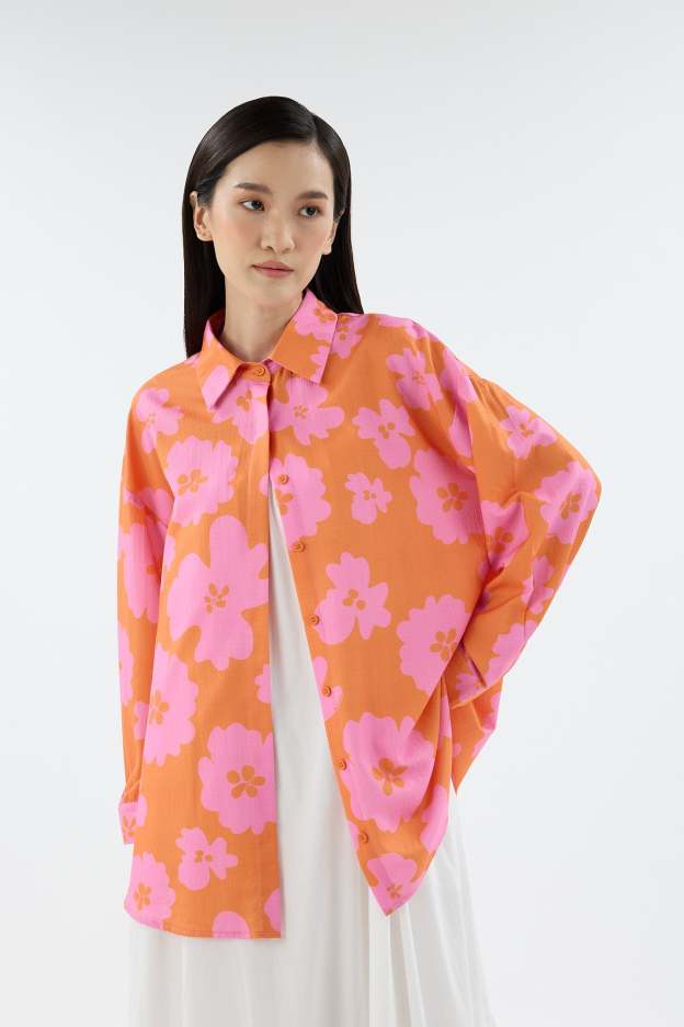 Fiora Orange Printed Oversized Shirt