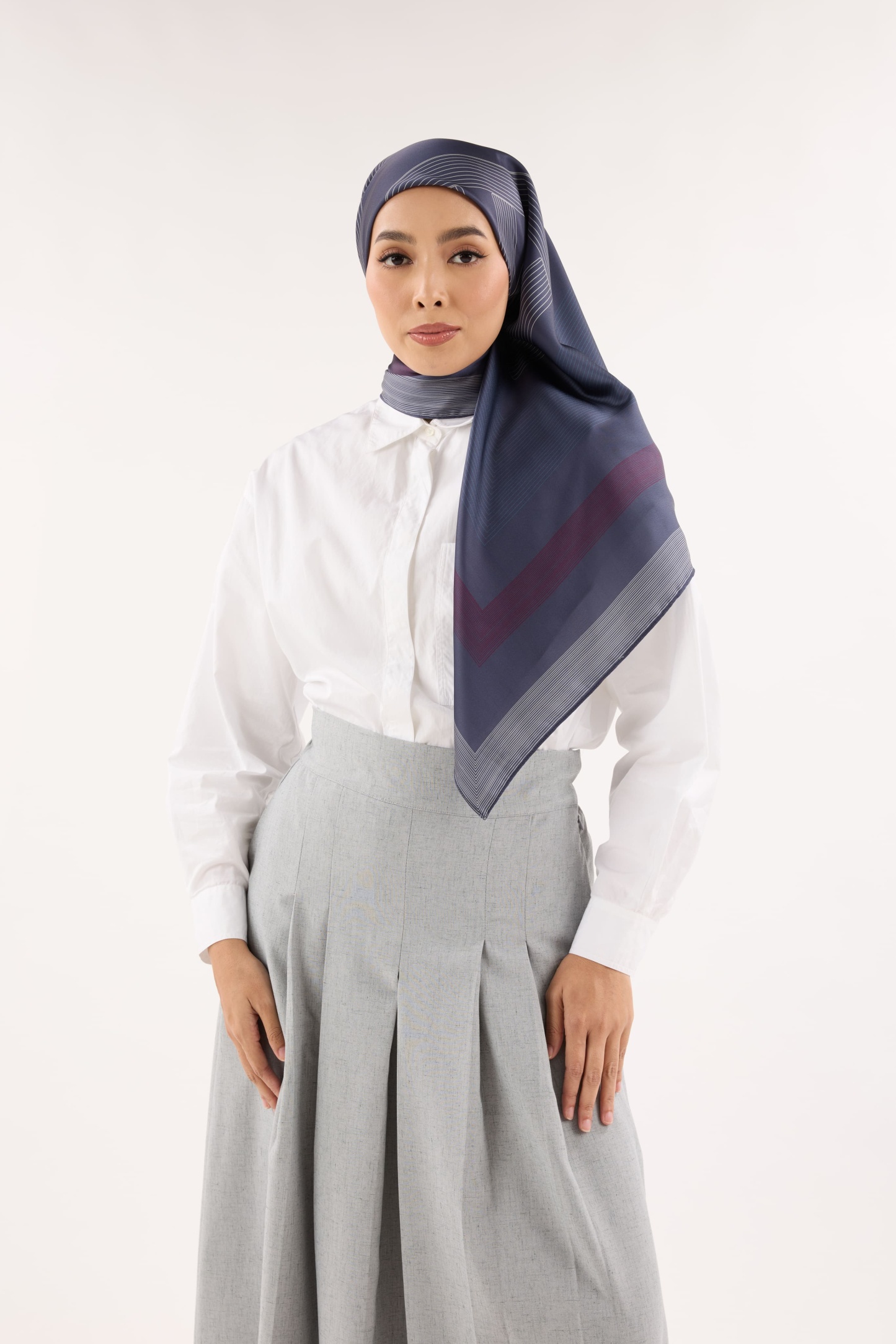 Avery Ash Navy Printed Square Satin Scarf