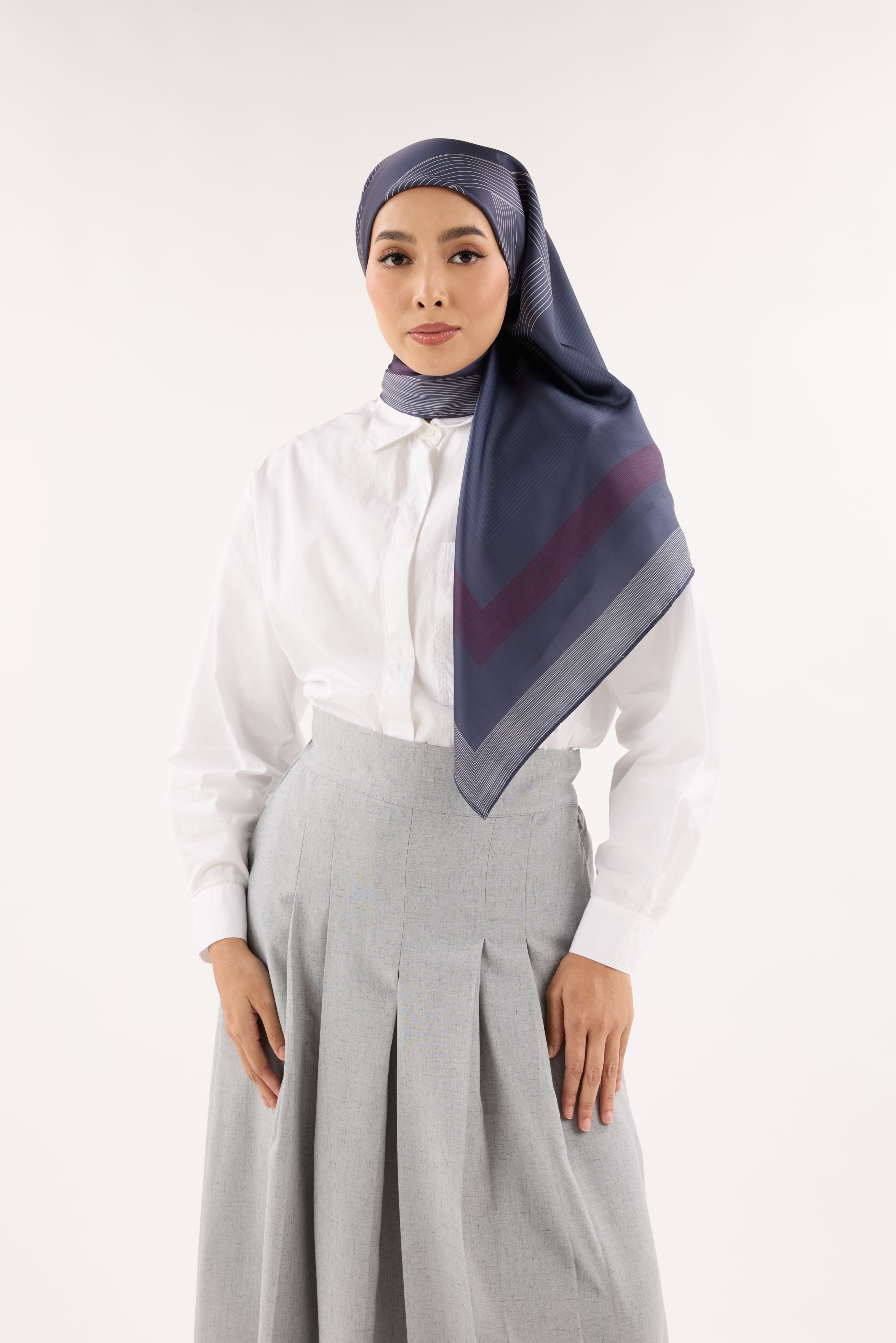 Avery Ash Navy Printed Square Satin Scarf