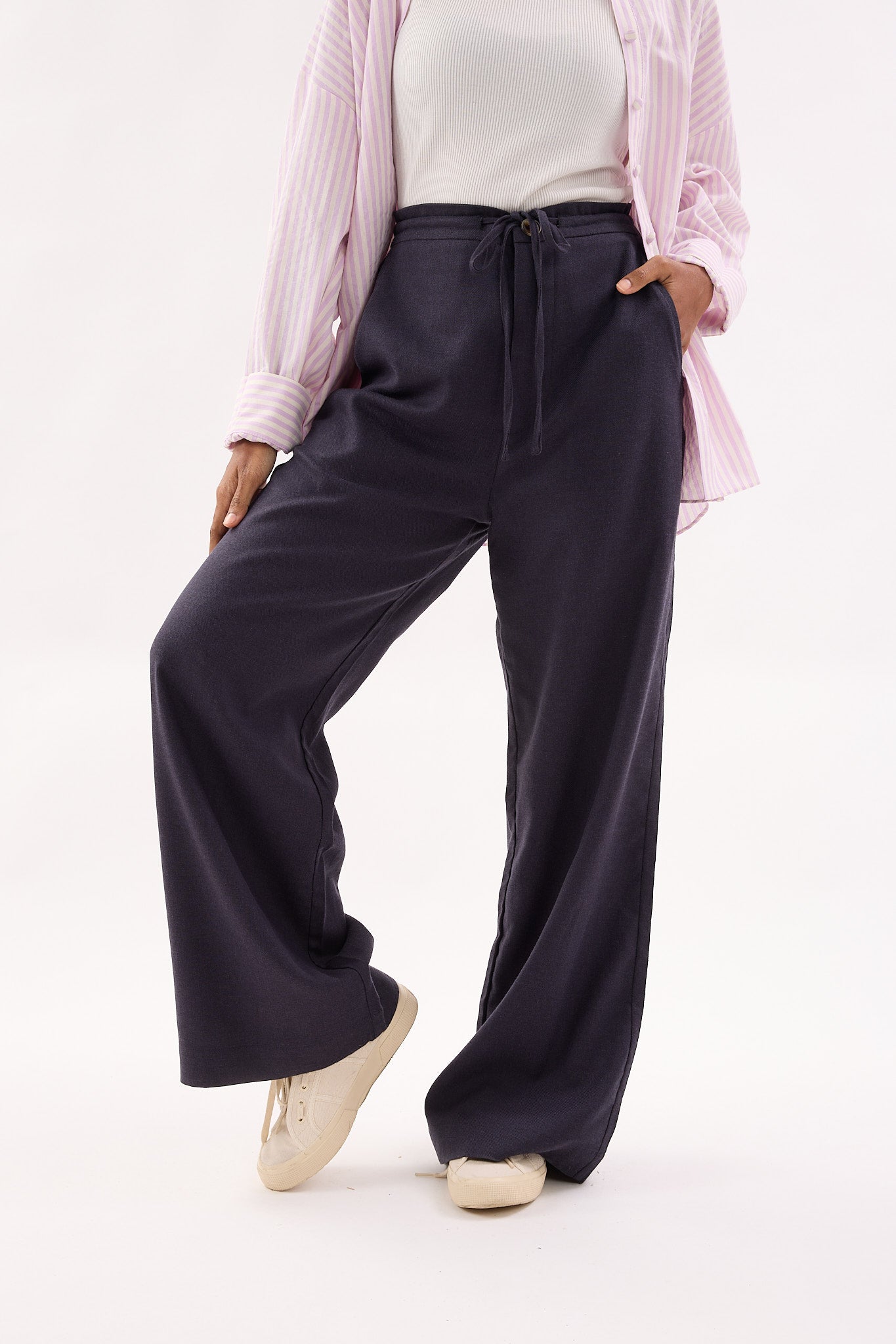 Dark Navy Blue Linen Wide Leg Pants - Women's