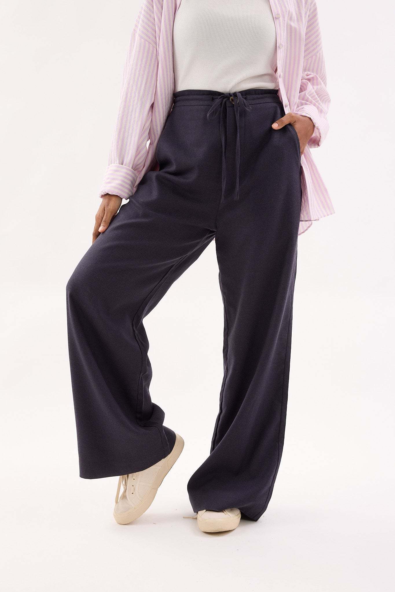 Dark Navy Blue Linen Wide Leg Pants - Women's