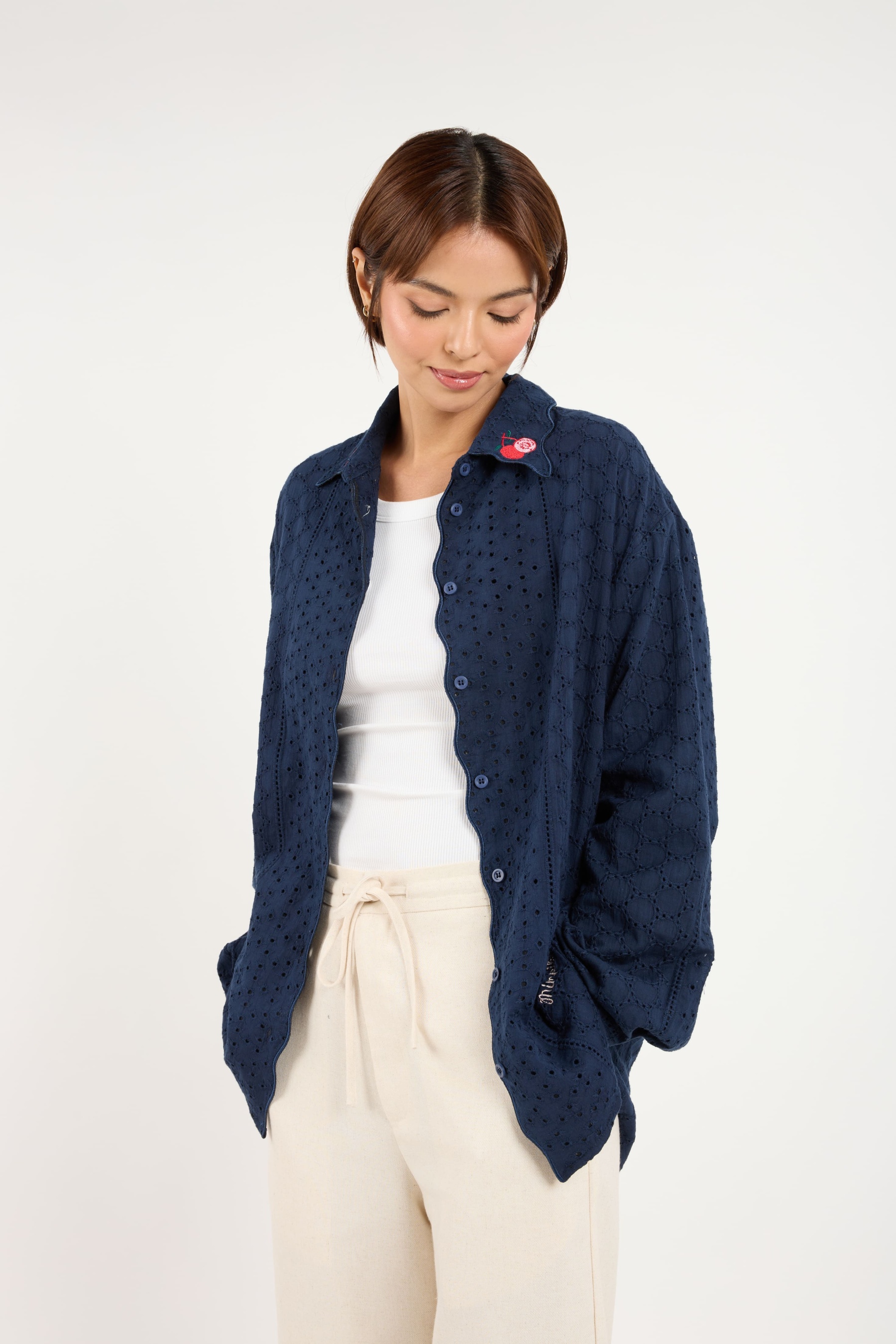 Tropika Navy Blue Textured Embroidered Shirt