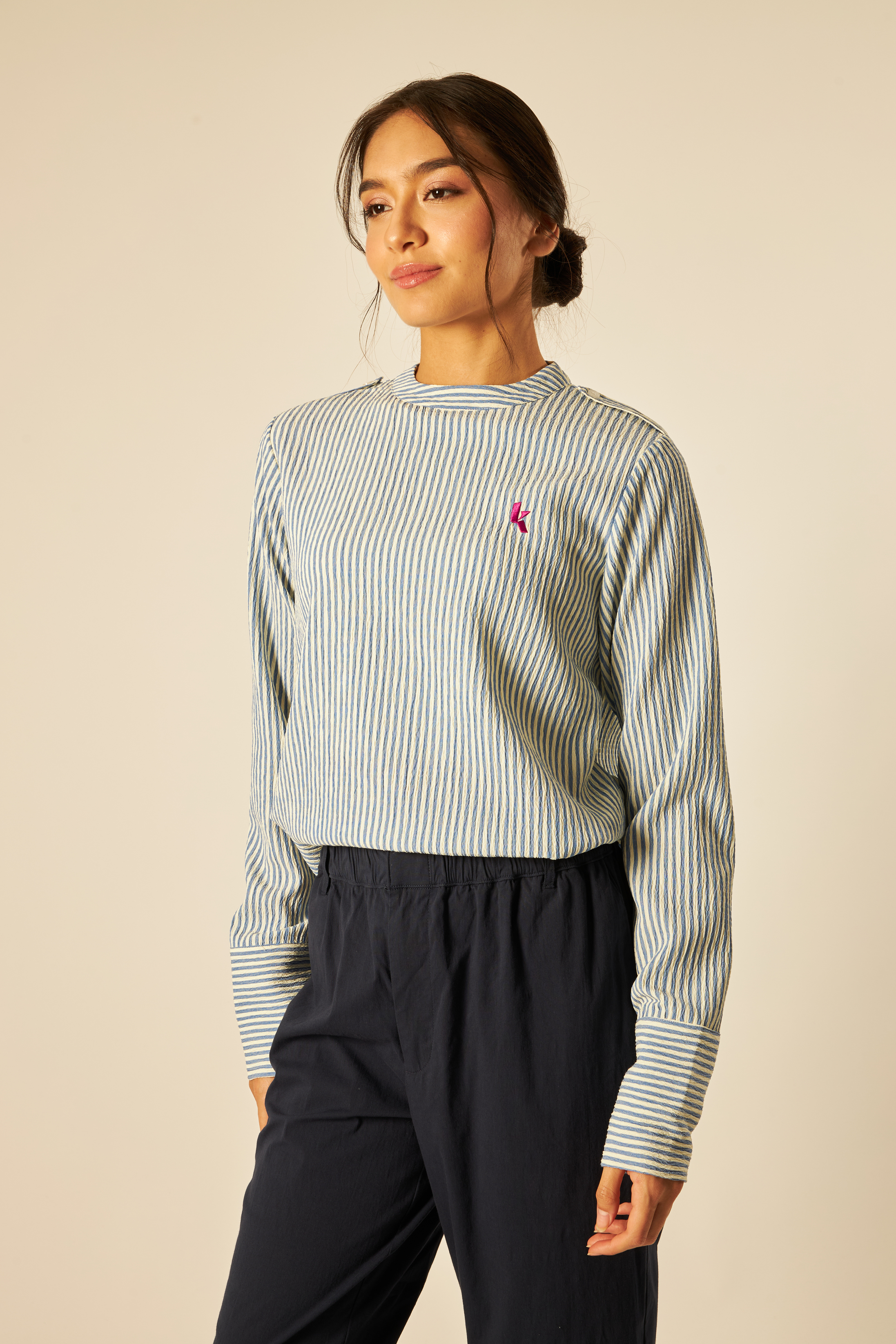 Blue Mandarin Collar Striped Shirt - Women's