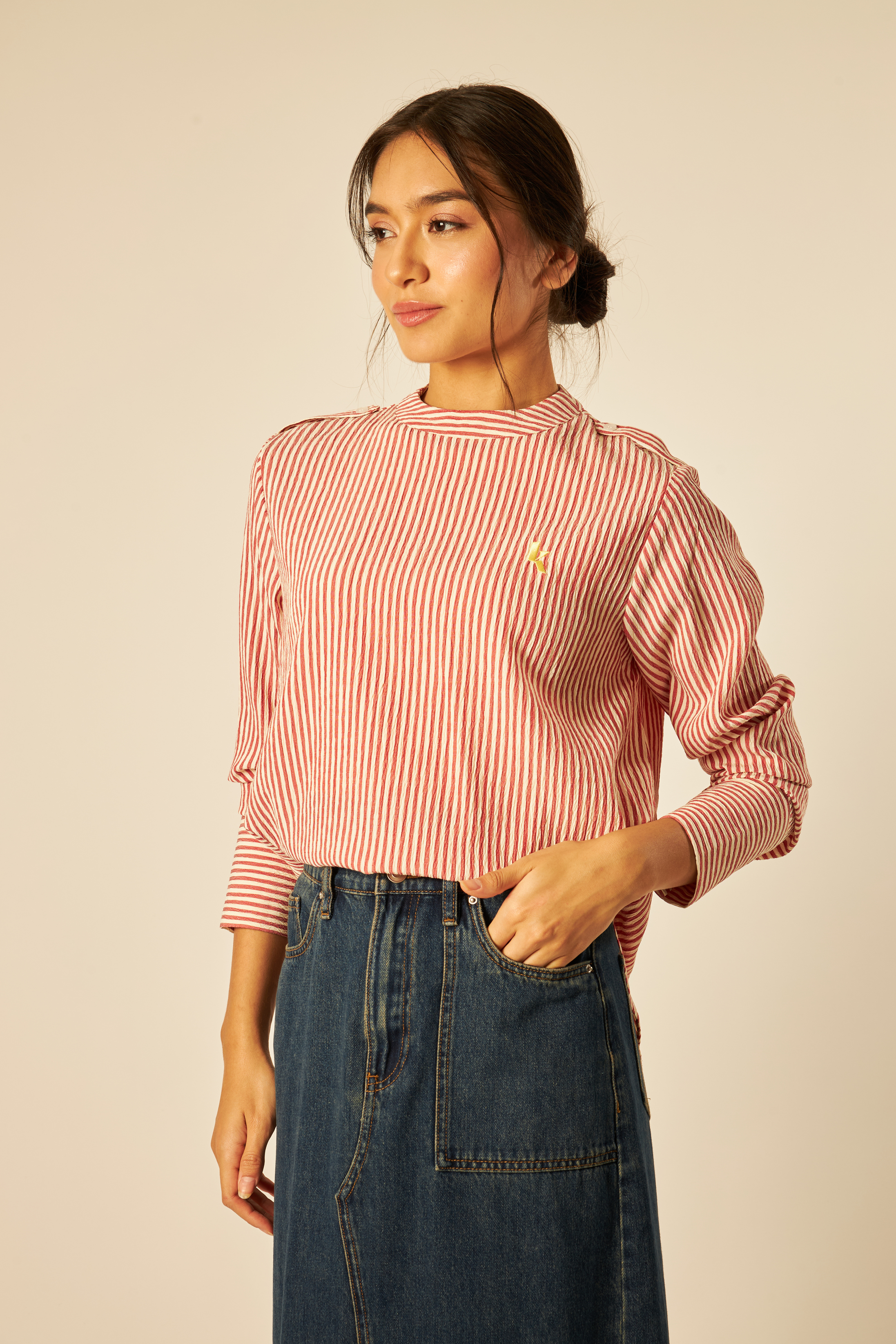 Red Mandarin Collar Striped Shirt - Women's